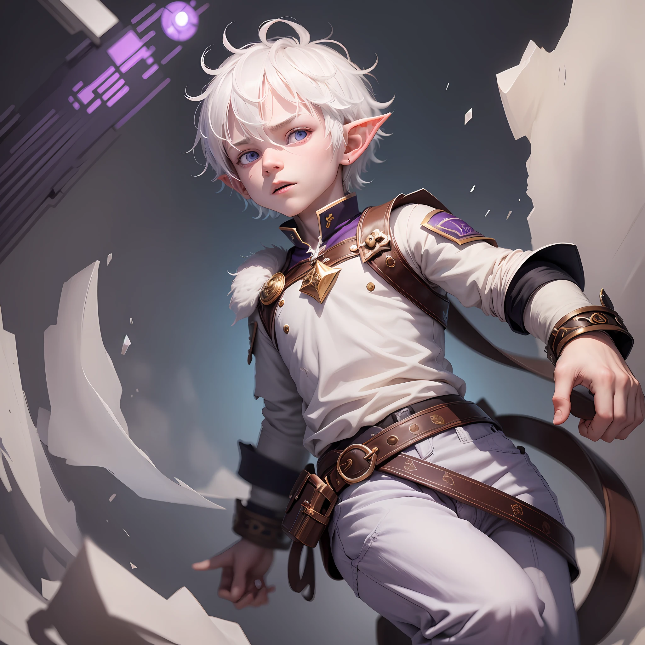 a , good person, albino with white skin, short white hair, white hair covering the ears, huge elf ears, pointed and hairy ears, purple eyes, telekinesis powers, no anger, cute shirt and pants, UHD, retina, masterpiece, accurate, anatomically correct, textured skin, super detail, high details, high quality, award winning, best quality, highres