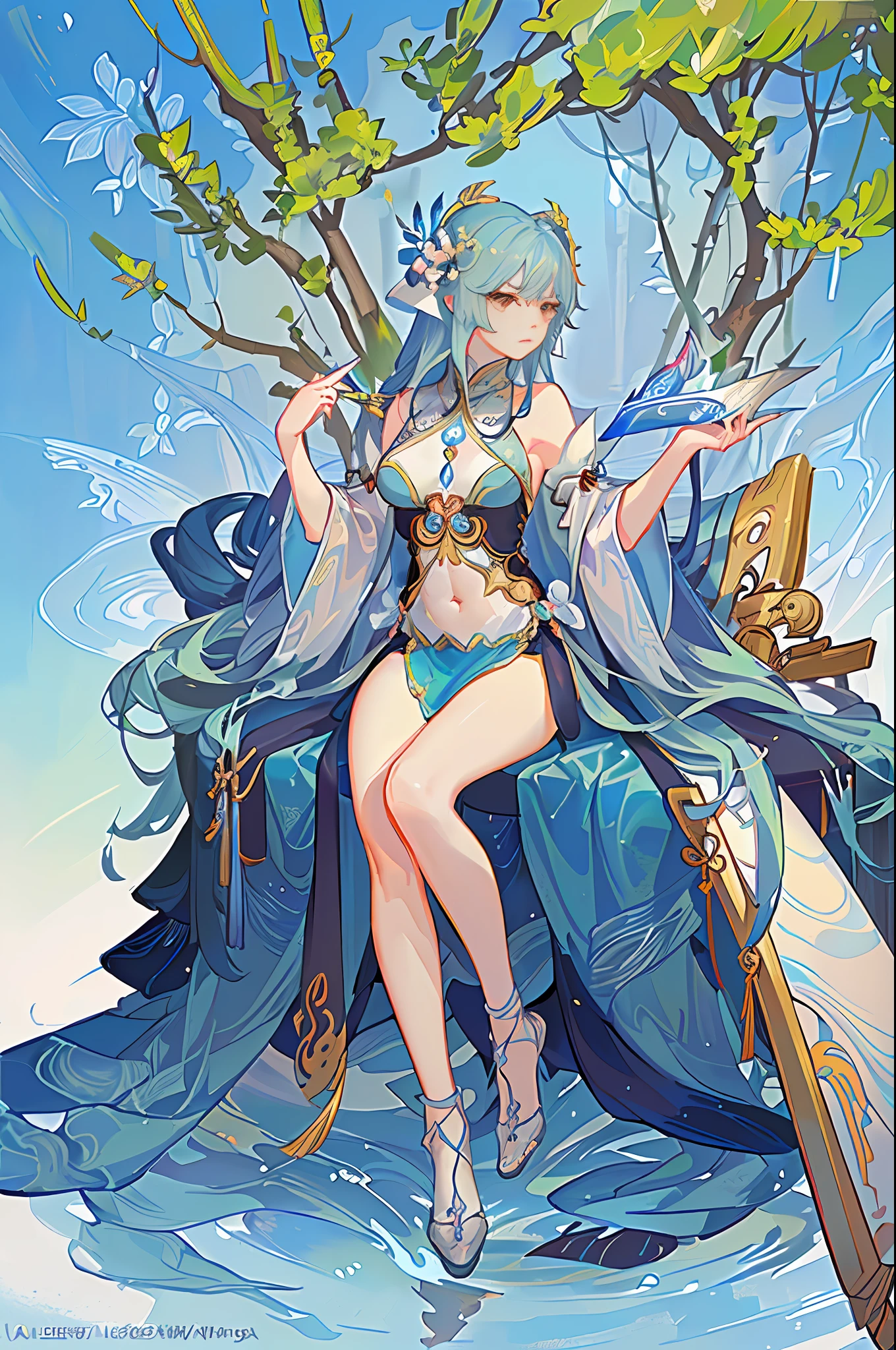 arafed image of a woman in a belly dance costume, alphonse mucha and rossdraws, by Yang J, inspired by Fenghua Zhong, full color illustration, a beautiful fantasy empress, inspired by Lan Ying, by Shen Zhou, a beautiful artwork illustration, by Qu Leilei, by Yan Hui, by Zeng Jing, by Lu Guang