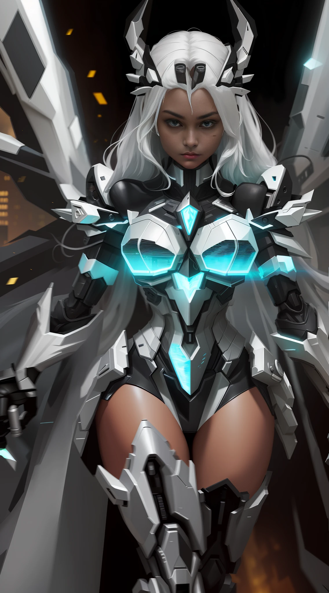 Masterpiece, Best Picture Quality, Detailed Depiction, Female Characters, Long White Hair, Tiger Head Elements: 1.1, Black and White Sum 2:1, Metal Exoskeleton (1.3), Ceramic Body Cuirass: 1.5, Breathing Light Pattern, (Midi Length Skirt: 1.1), Perfect Lines: 1.3, Black and White Cyberpunk Style Armor, Industrial City Background/Dilapidated Building, Dynamic Posture, Positive and Decisive Expressions, Realism, Surrealism: 2, Ray Tracing, Depth of Field, cinematic lighting, image fill, character chart, vanishing point, perspective, wide shot, UHD, retina, masterpiece, ccurate, high quality, highres, award winning, best quality, 1080P, HD, 4K , 8k, 16k