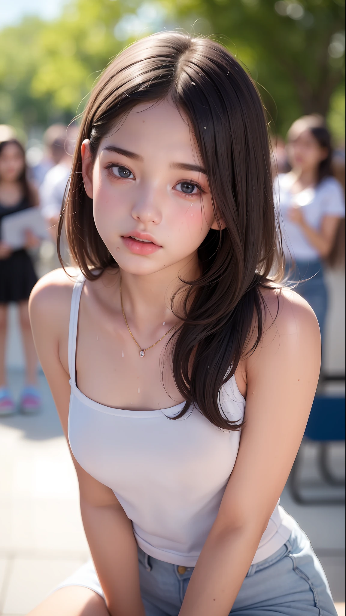 face, (student, teen, cute:1.4), beautiful girl, realistic, realistic, hyperrealistic, raw photo, real skin, firm skin, masterpiece, looking at the audience, teary eyes, drunken eyes, flushed face, sadness, (shiny skin: 1.3), (sweaty skin: 1.2), on the tongue, condom,