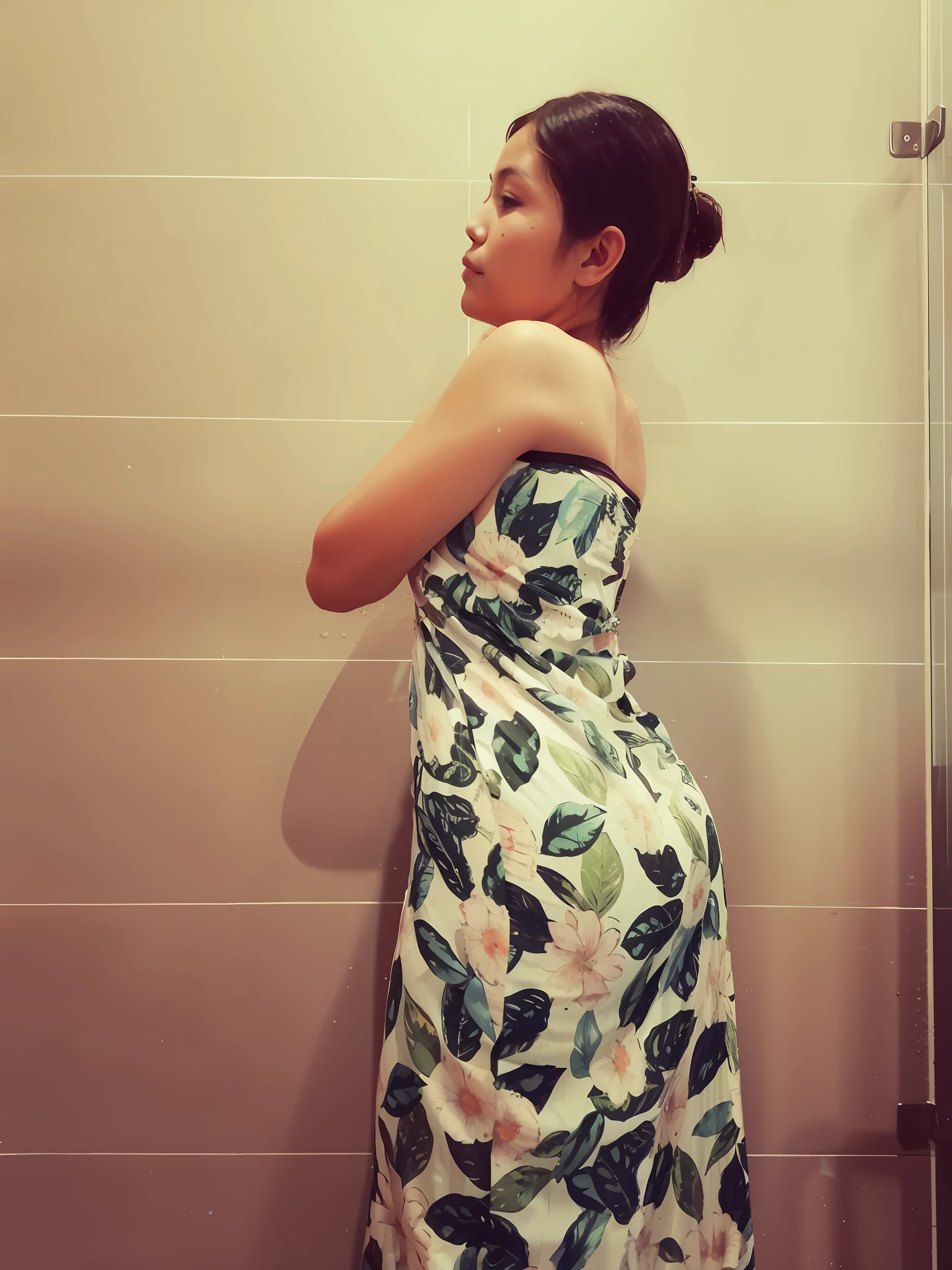 araffe woman in a floral dress standing in a bathroom, backview, picture from behind, side pose, back pose, wearing floral chiton, in a dress, back - shot, backshot, view from the back, sexy pose, back - view, showing her shoulder from back, looking from behind, wearing dress, view from behind, from the back,Beautiful woman 30 age,Sexy Big ass,full body,Big Breath,Big tip