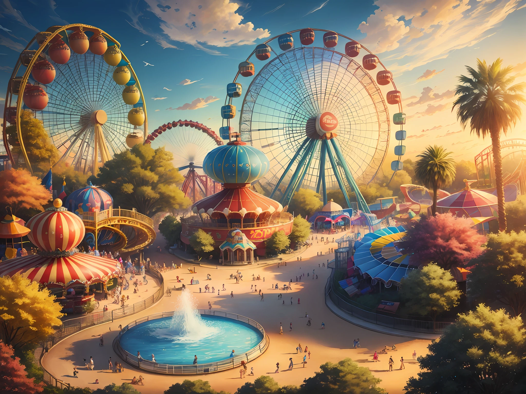 amusement parks, roller coasters, carousels, bumper cars, Ferris wheels, water parks, very detailed, ultra high resolution, 8K UHD --v 6