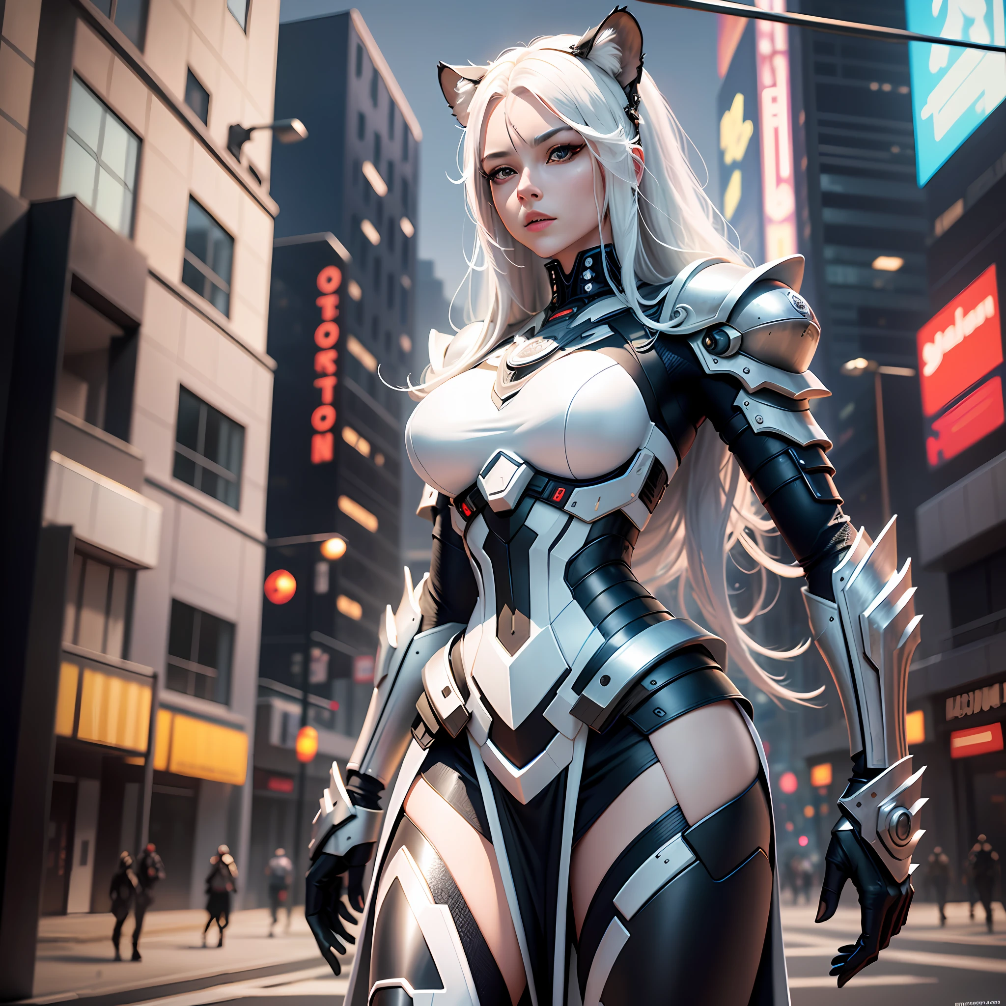 Masterpiece, Best Quality, Detailed Depiction, Female Characters, Long White Hair, Tiger Head Elements: 1.1, Black and White Combined 2:1, Metal Exoskeleton (1.3), Ceramic Body Cuirass: 1.5, Breathing Light Pattern, (Midi Skirt Armor: 1.1), Perfect Lines: 1.3, Black and White Cyberpunk Style Armor, Sci-Fi City Background, Night, Dynamic Posture, Positive and Decisive Expressions, Realism, Surrealism: 2, Ray Tracing, Depth of Field, cinematic lighting, image fill, character chart, vanishing point, perspective, wide shot, UHD, retina, masterpiece, ccurate, high quality, highres, award winning, best quality, 1080P, HD, 4K , 8k, 16k