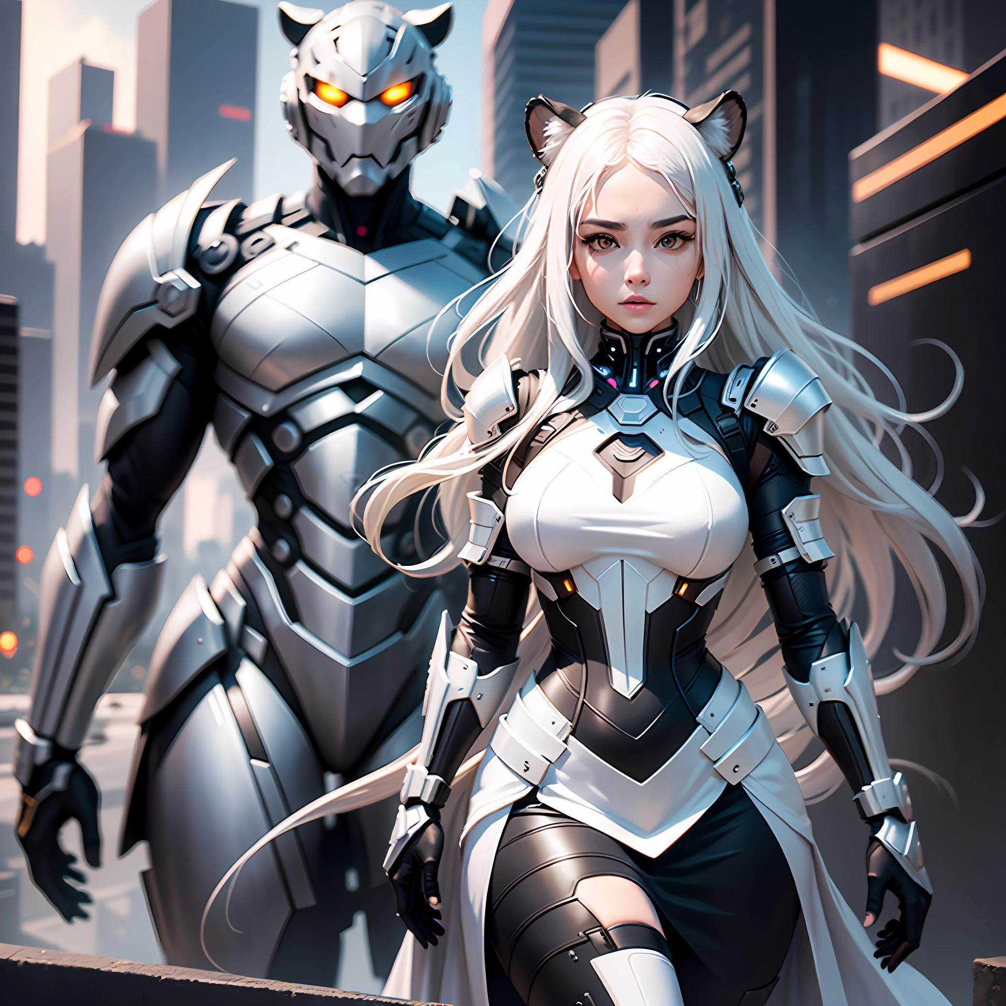 Masterpiece, Best Quality, Detailed Depiction, Female Characters, Long White Hair, Tiger Head Elements: 1.1, Black and White Combined 2:1, Metal Exoskeleton (1.3), Ceramic Body Cuirass: 1.5, Breathing Light Pattern, (Midi Skirt Armor: 1.1), Perfect Lines: 1.3, Black and White Cyberpunk Style Armor, Sci-Fi City Background, Night, Dynamic Posture, Positive and Decisive Expressions, Realism, Surrealism: 2, Ray Tracing, Depth of Field, cinematic lighting, image fill, character chart, vanishing point, perspective, wide shot, UHD, retina, masterpiece, ccurate, high quality, highres, award winning, best quality, 1080P, HD, 4K , 8k, 16k