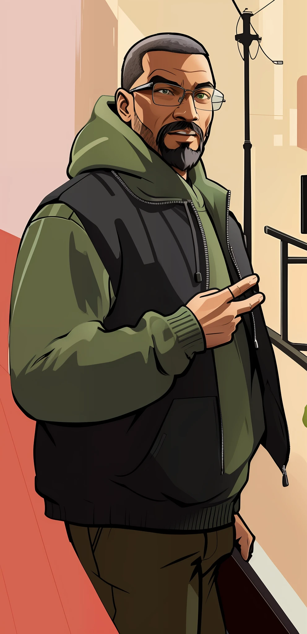 GtaSA2004 cartoon about a guy in a green hoodie and a black vest, with glasses, looking at the camera