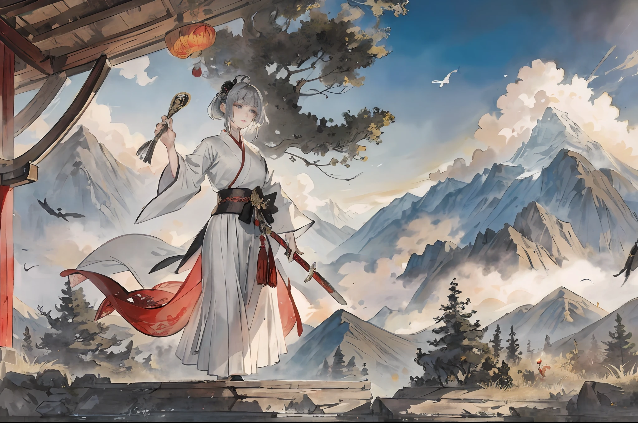 A masterpiece, the best picture quality, pencil style Onmyoji style, 1 fairy girl holding a weapon, exuding a beautiful aura, light gray eyes flashing, long silver hair fluttering. Dressed in an antique Chinese waist-length dress, the three-point bangs under the thin eyebrows outline graceful eyes, showing a light smile. The distant mountains, against the background of clouds, the artistic style of the official is presented in detailed portraits and bokeh. The dramatic light and shadow effects create an interesting contrast with the flare, and the blurred foreground enhances the depth of the picture. The standing form of holding the sword enhances the momentum of the warrior.