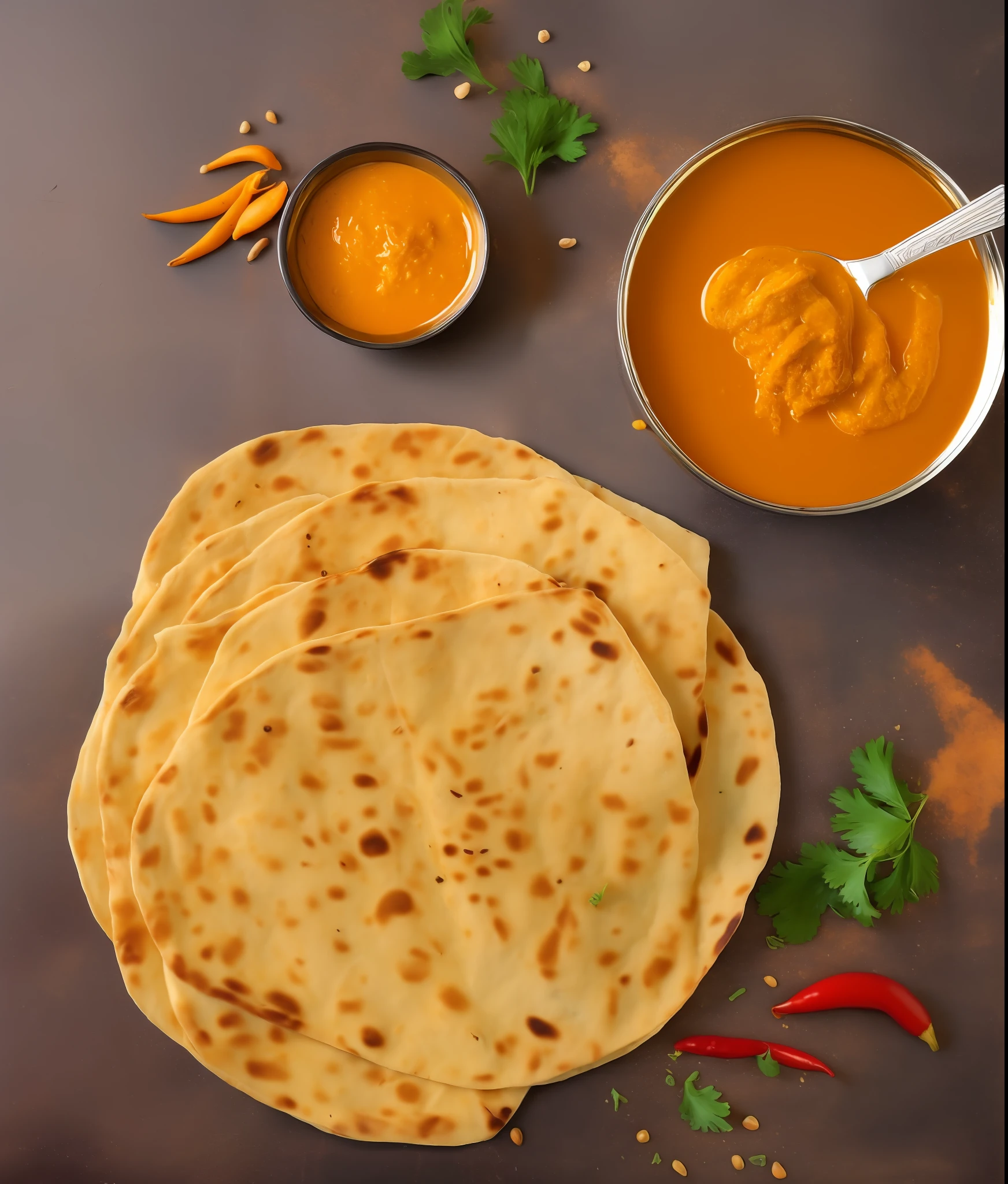 (Rumali roti), Maida， thin, fluffy, oval, golden yellow, crunchy lines, tempting aroma, spicy sauce, curry paste, roasted garlic, pleasant taste, soft interior, rich variety of ingredients, brightly colored vegetables, hot and sour sauce, blended flavor, chili pepper irritation, curry aroma