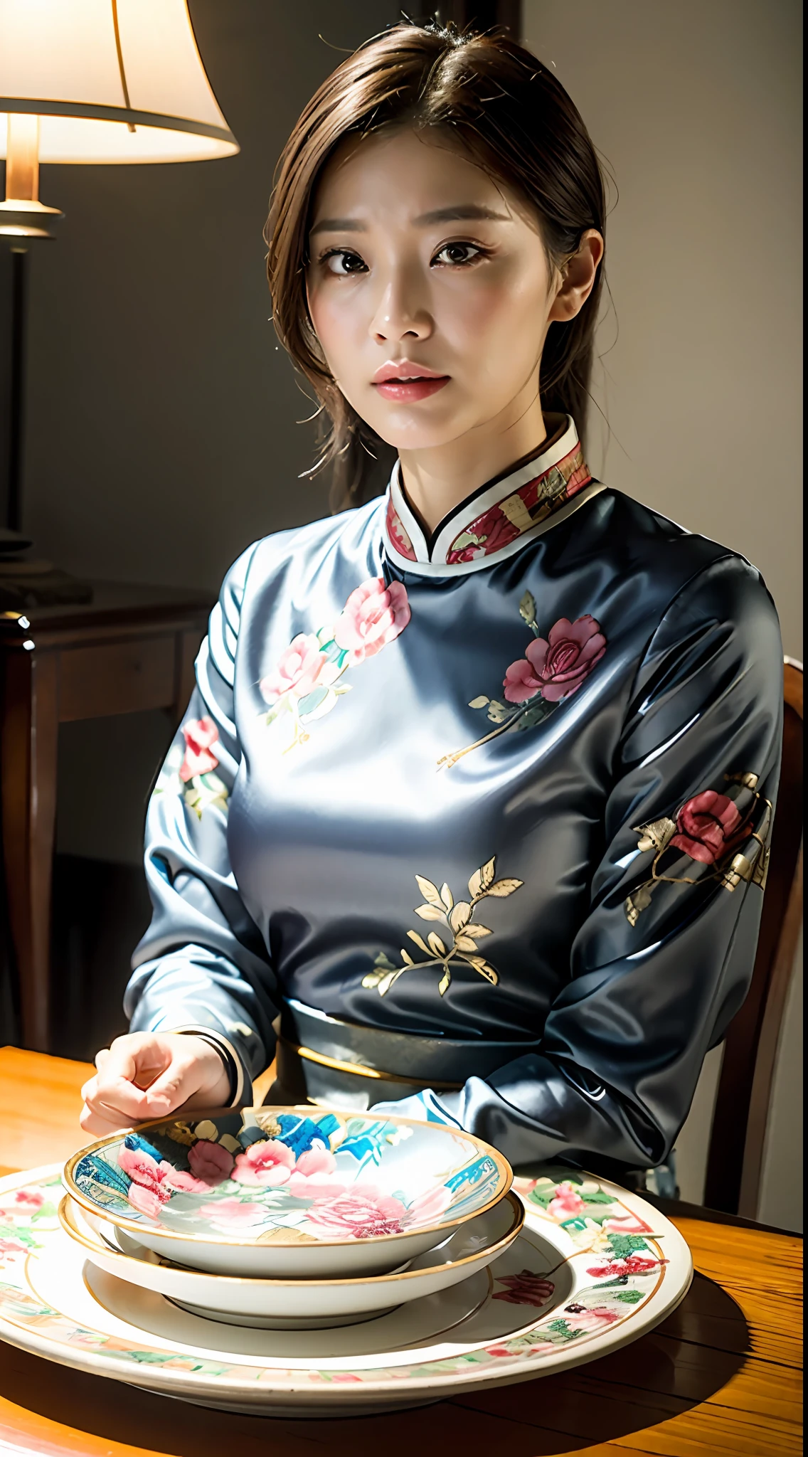 ((Realistic lighting, best quality, 8k, chinoiserie clothes, masterpiece: 1.3)), Sharp focus: 1.2, 1girl, (male 80: 1.4), aging, facial wrinkles, ((gray hair)), (white dress: 1.4), (indoor, studio: 1.1), super fine face close-up, tight lips, fine eyes, (with an empty plate: 1.1)