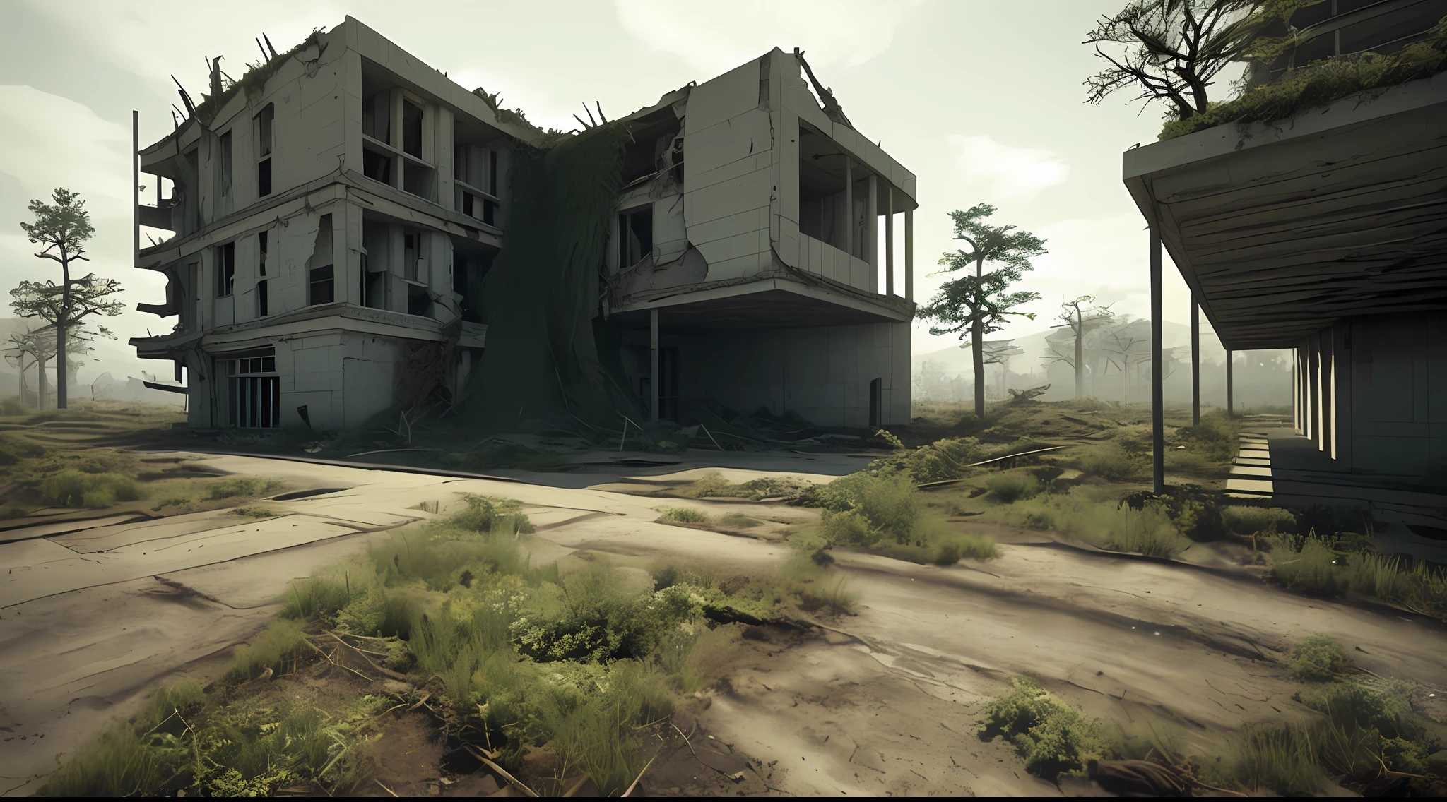landscape, scenery, no humans, building, wide shot, semi realistic, masterpiece, ultra detailed, absurdres, dynamic lighting, post-apocalypse, collapse, dusty, overgrown, asphalt, ruins