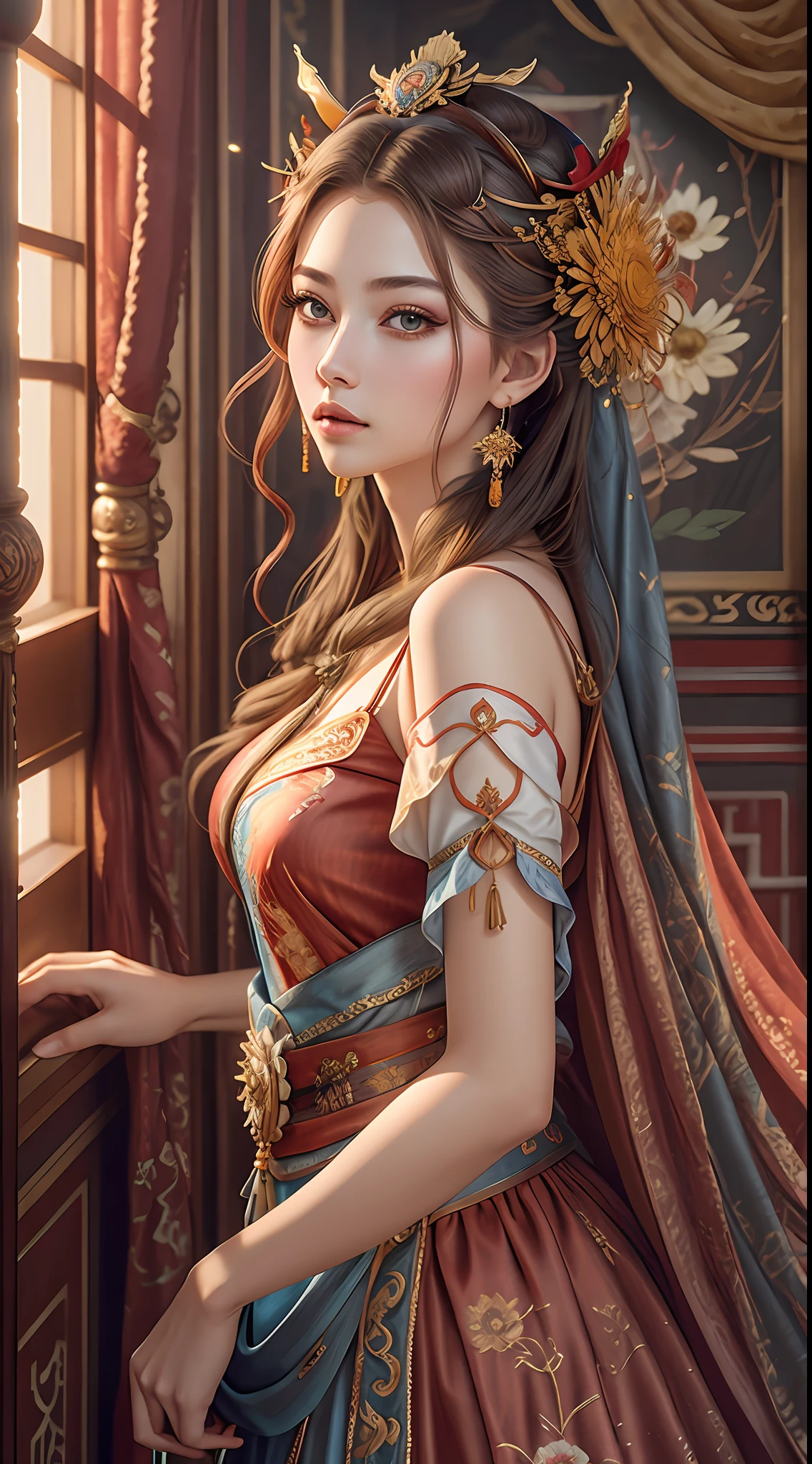 Best quality, masterpiece, ultra-detailed high resolution, (realistic: 1.4), original photos, illustrations,
1 Girl Holding Weapon, (Solo Exhibition: 1.2), (Denim Lens: 1.2), (Hair Crown: 1.2), Chinese Dunhuang Traditional Costume, No Straps, (Red Eyeliner: 1.2), (: 1.4), Earrings, Dynamic Angle, Opera House, messy_long_hair, Ink, Movie Lights, lens_flare, Velvet, Chrysanthemum, Tassels, Ribbons, Color Embroidery,