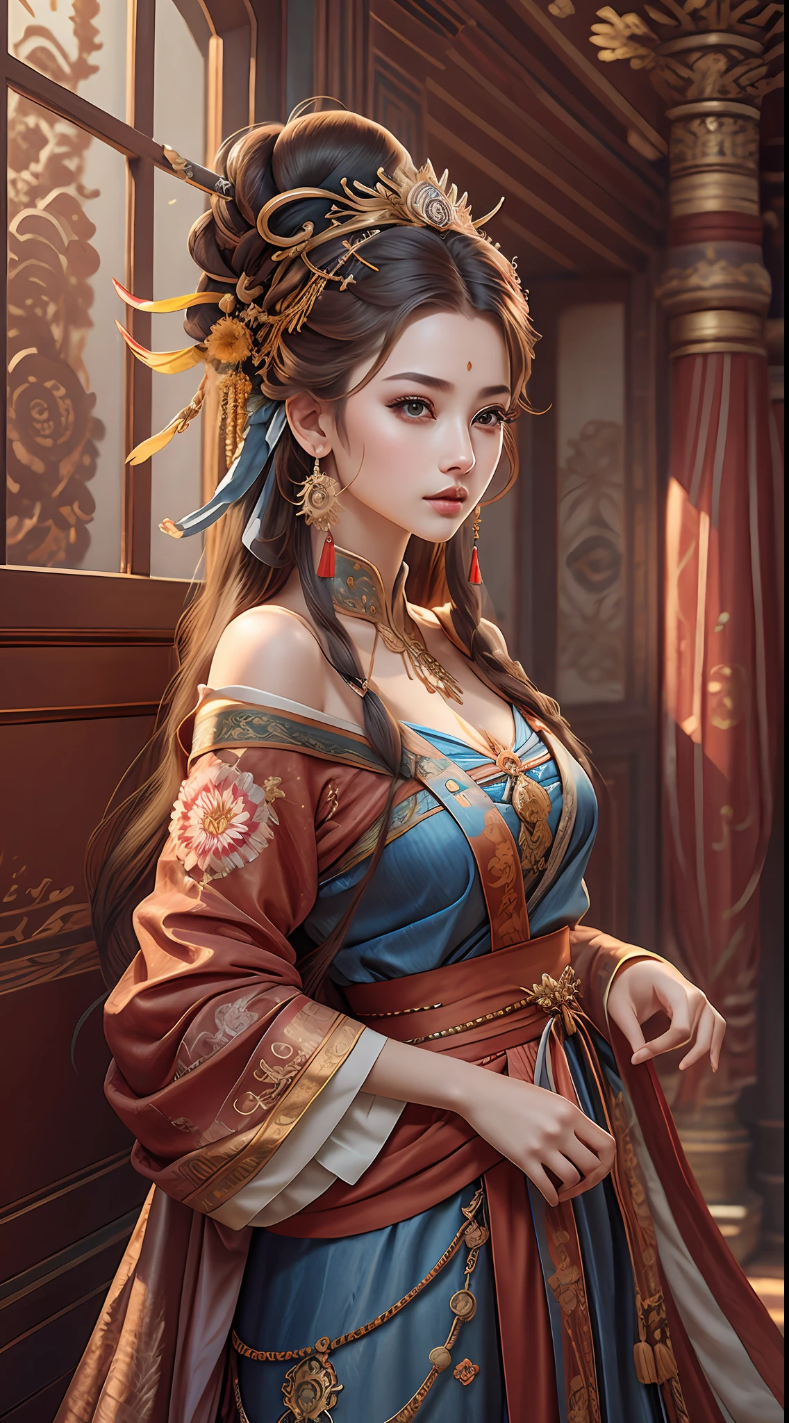 Best quality, masterpiece, ultra-detailed high resolution, (realistic: 1.4), original photos, illustrations,
1 Girl Holding Weapon, (Solo Exhibition: 1.2), (Denim Lens: 1.2), (Hair Crown: 1.2), Chinese Dunhuang Traditional Costume, No Straps, (Red Eyeliner: 1.2), (: 1.4), Earrings, Dynamic Angle, Opera House, messy_long_hair, Ink, Movie Lights, lens_flare, Velvet, Chrysanthemum, Tassels, Ribbons, Color Embroidery,