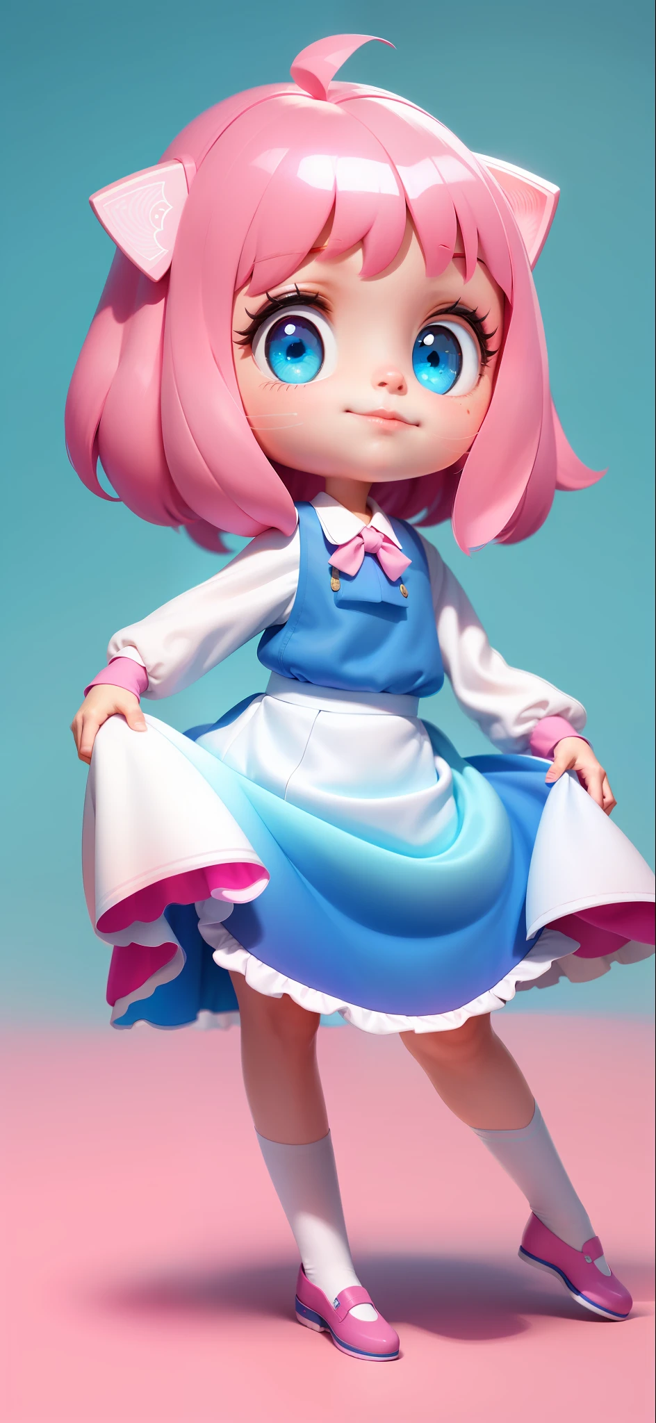 A cute girl, cute face, pink hair, white clothes, blue dress skirt, super detailed eyes,