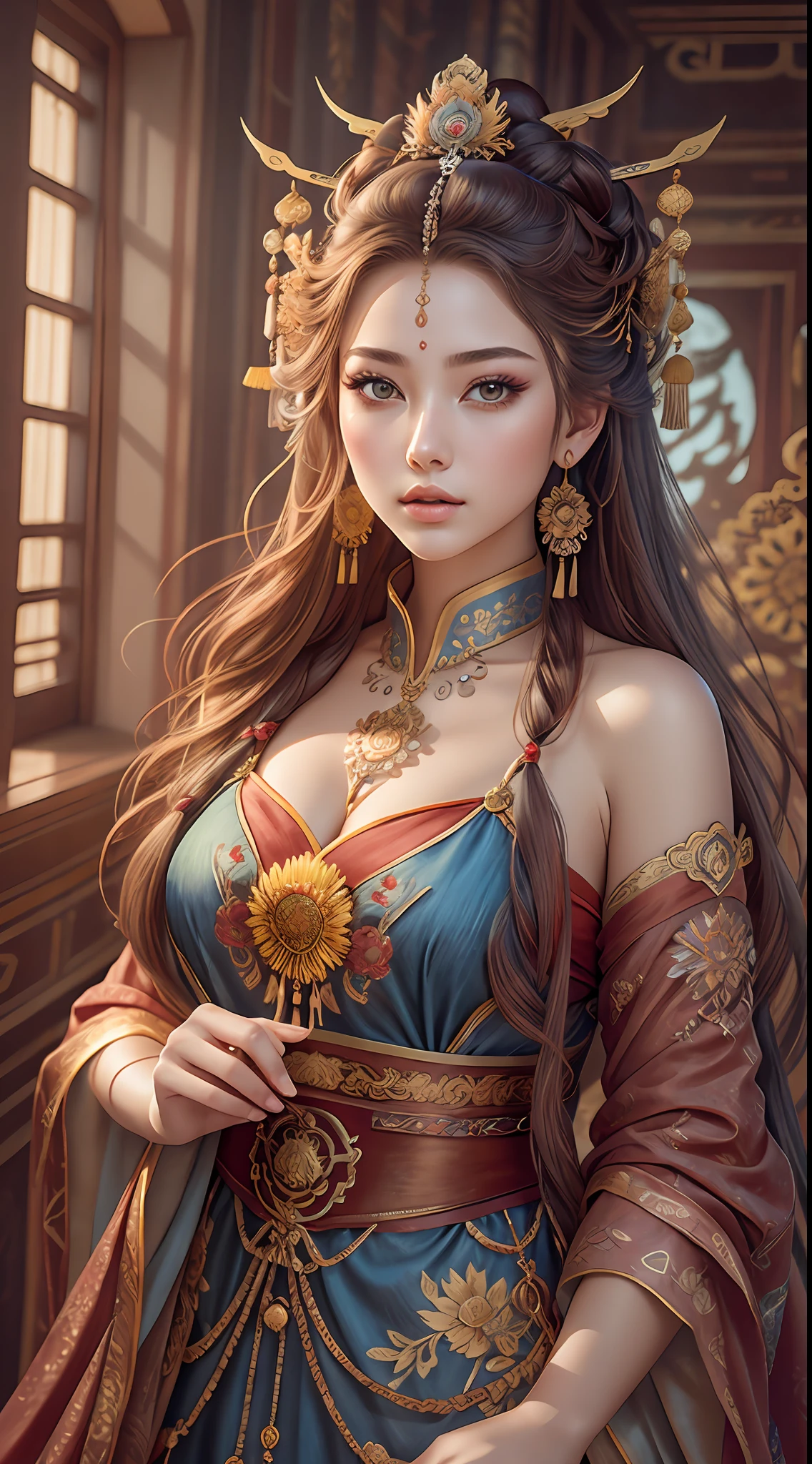 Best quality, masterpiece, ultra-detailed high resolution, (realistic: 1.4), original photos, illustrations,
1 Girl Holding Weapon, (Solo Exhibition: 1.2), (Denim Lens: 1.2), (Hair Crown: 1.2), Chinese Dunhuang Traditional Costume, No Straps, (Red Eyeliner: 1.2), (: 1.4), Earrings, Dynamic Angle, Opera House, messy_long_hair, Ink, Movie Lights, lens_flare, Velvet, Chrysanthemum, Tassels, Ribbons, Color Embroidery,