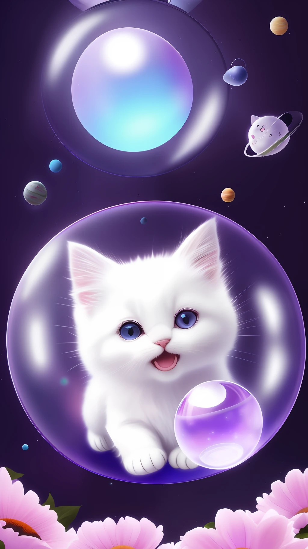 A cute fluffy white-furry kitten, wearing a sweater, big ears, to the left, big eyes, inside a large glass ball, flowers, light purple background, Morandi color, open mouth, laughing !!!, funny, (floating in space: 1.1) jubbslineart_v2