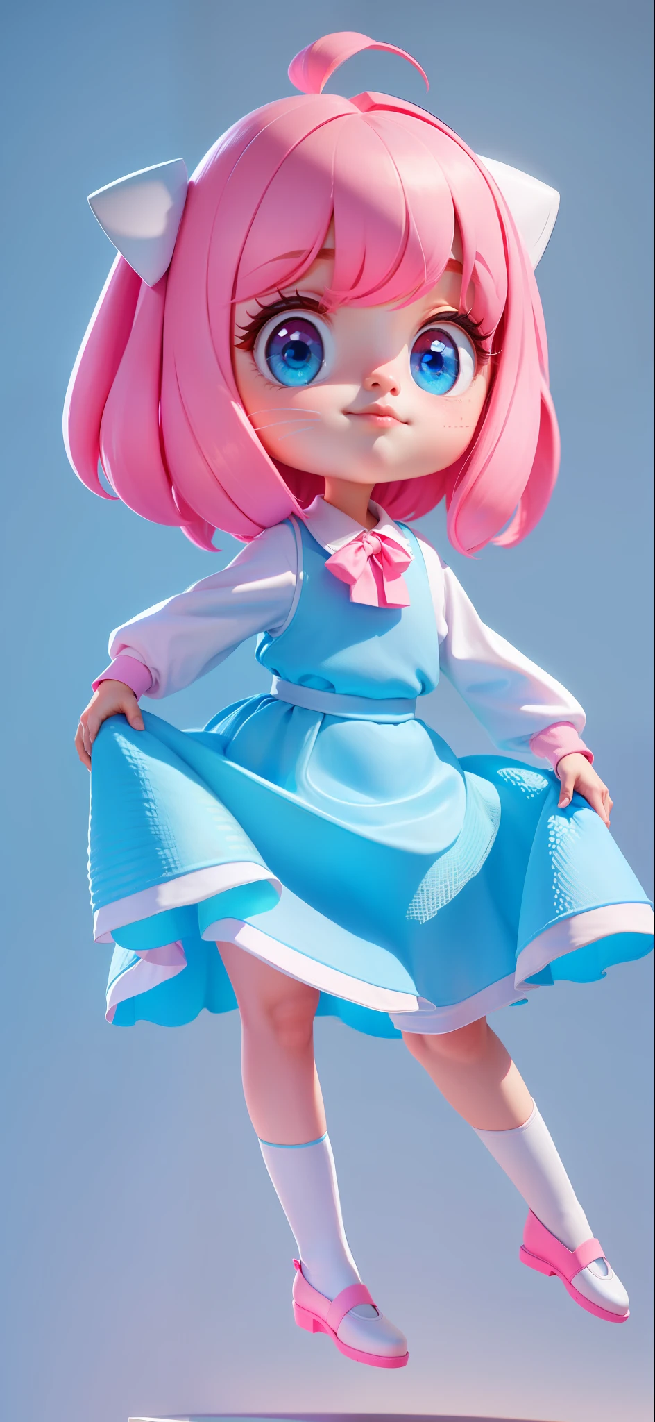 A cute girl, cute face, pink hair, white clothes, blue dress skirt, super detailed eyes,