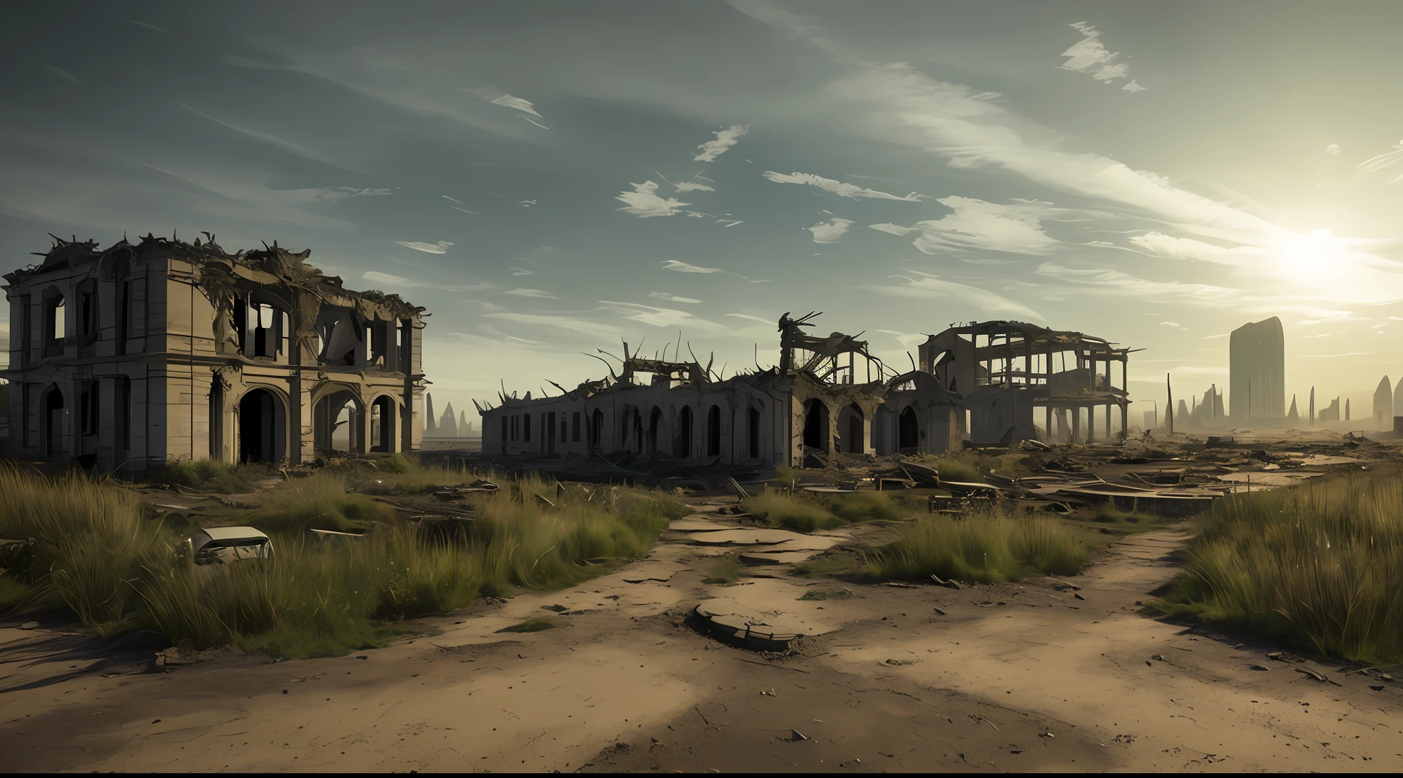 landscape, scenery, no humans, building, wide shot, semi realistic, masterpiece, ultra detailed, absurdres, dynamic lighting, post-apocalypse, collapse, dusty, overgrown, asphalt, ruins