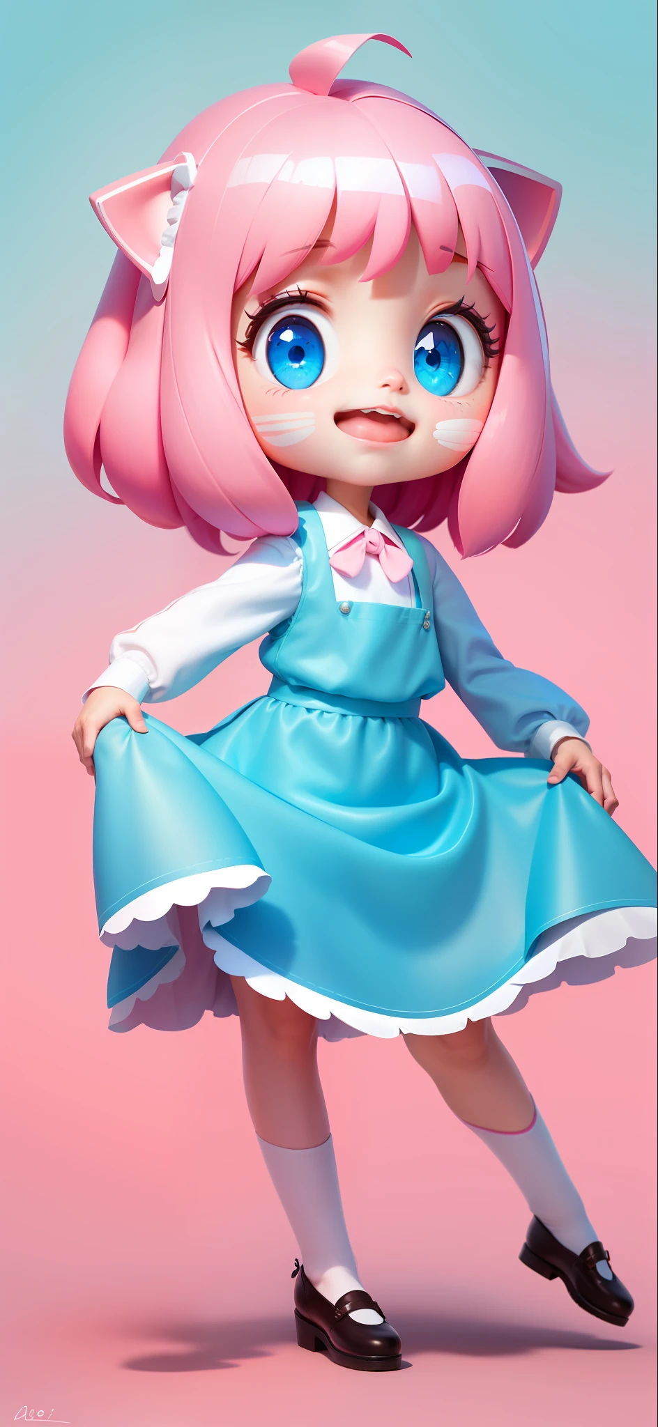 A cute girl, cute face, pink hair, white clothes, blue dress skirt, super detailed eyes,