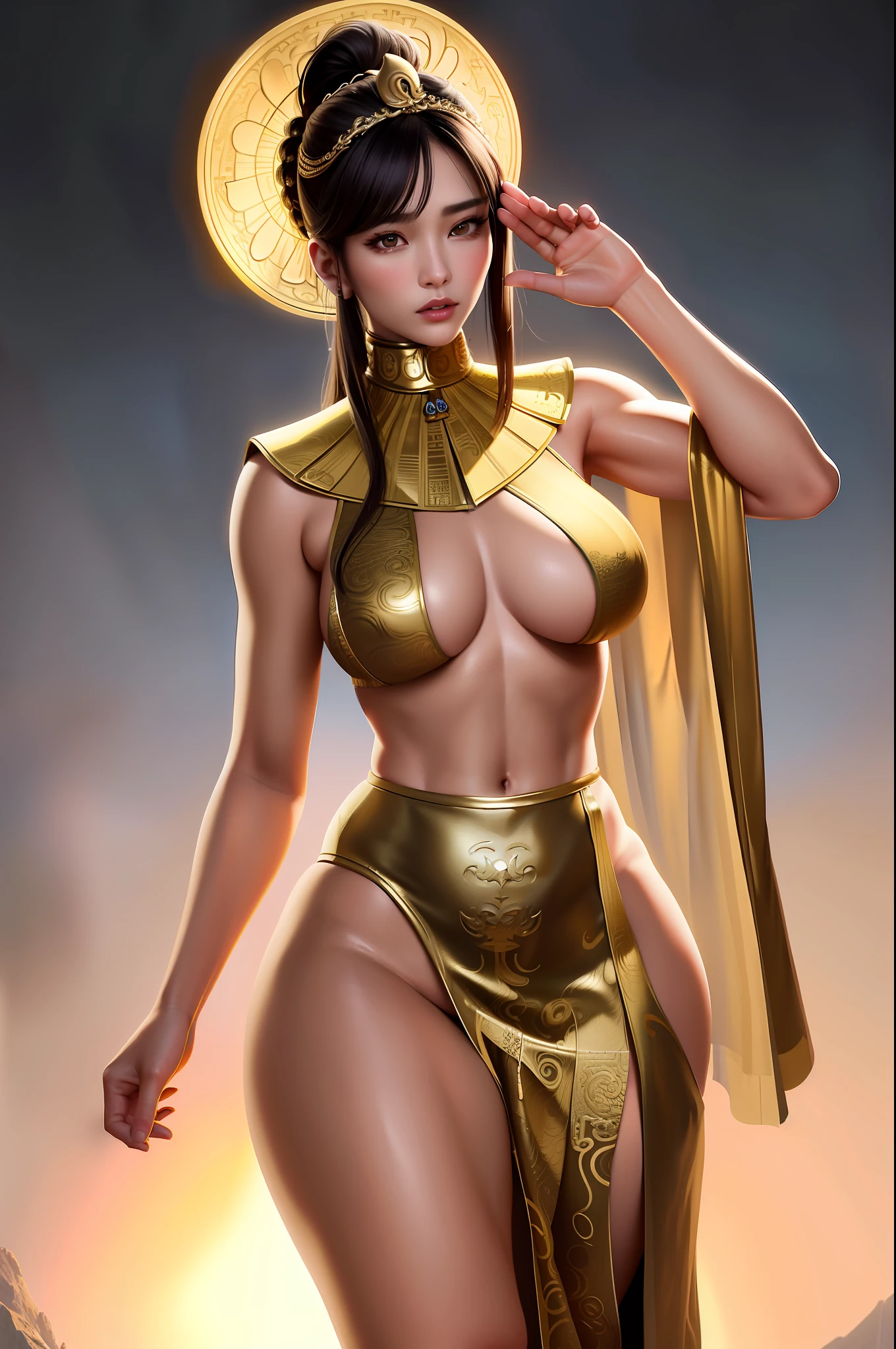 Ultra-realistic 8K CG, (epic: , perfect artwork, masterpiece, ancient dynasty, medieval, fantasy), ((detailed background))), 20-year-old Korean muscular fresh model, stunningly beautiful, full body, traditional clothes that follow her curves, shining golden wet skin, 50mm portrait, glamour, soft curves, fully wet lips, abs, ultra-realistic, sun