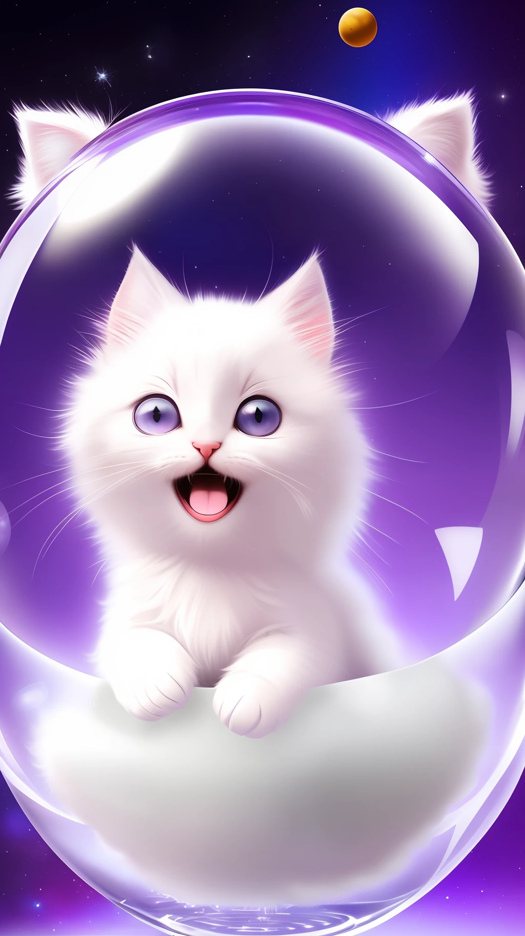 A cute fluffy white-furry kitten, wearing a sweater, big ears, to the left, big eyes, inside a large glass ball, flowers, light purple background, Morandi color, open mouth, laughing !!!, funny, (floating in space: 1.1) jubbslineart_v2