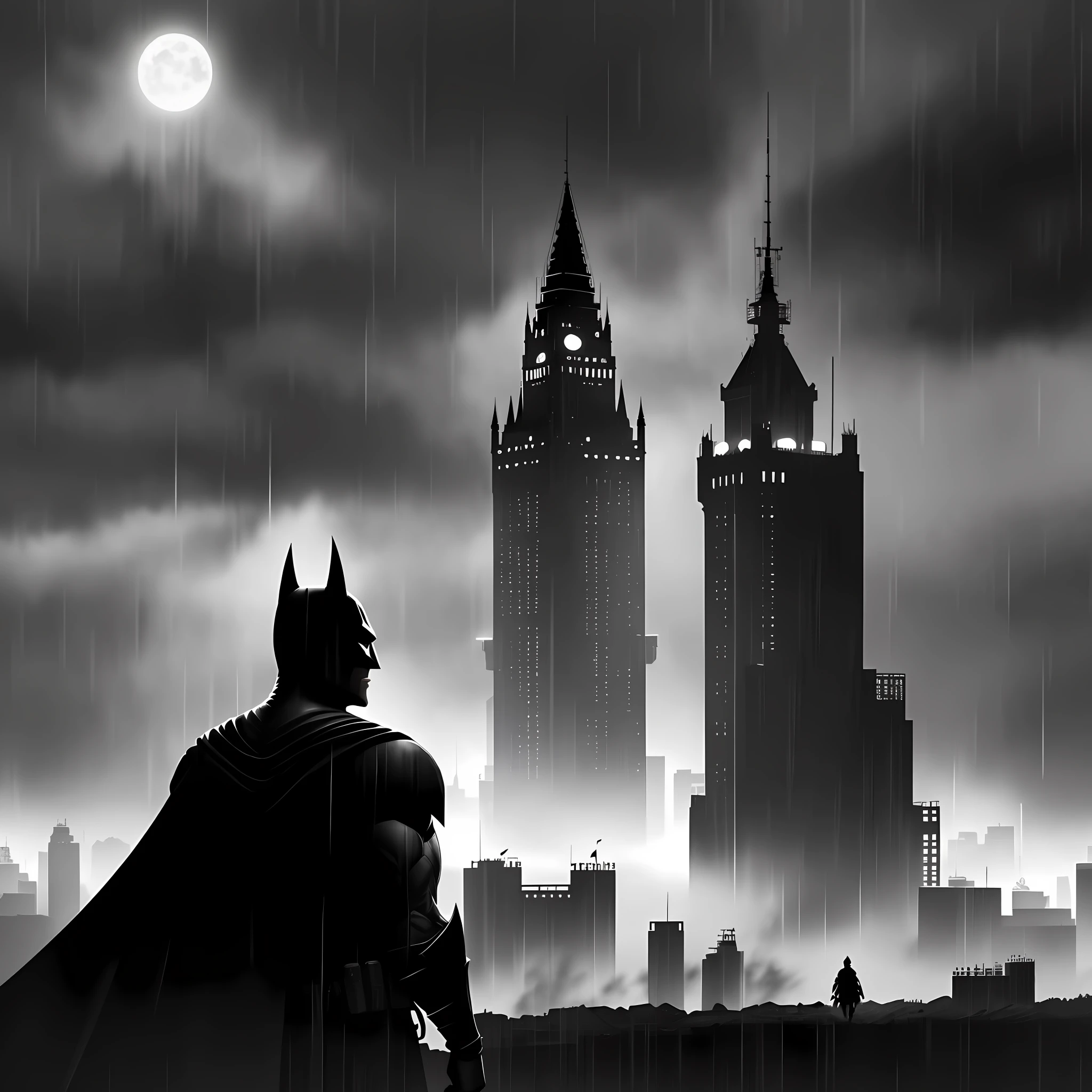 Batman standing at the top of the tower in the distance, cape, warrior, view of the city, Gotham city, heavy rainstorm, character silhouette, silhouette behind the tower, silhouette, silhouette, battlefield background, epic wallpaper, silhouette, unique silhouette, silhouette!!!,epic character composition, fan art, battlefield background, battlefield background, loading screen", pc wallpaper, black and white art,