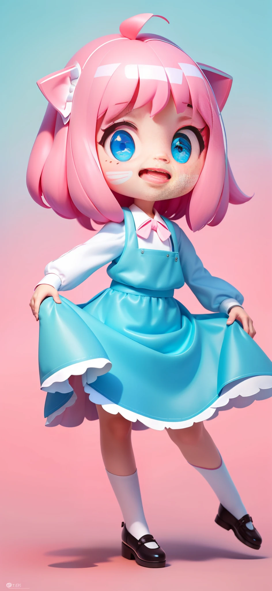 A cute girl, cute face, pink hair, white clothes, blue dress skirt, super detailed eyes,