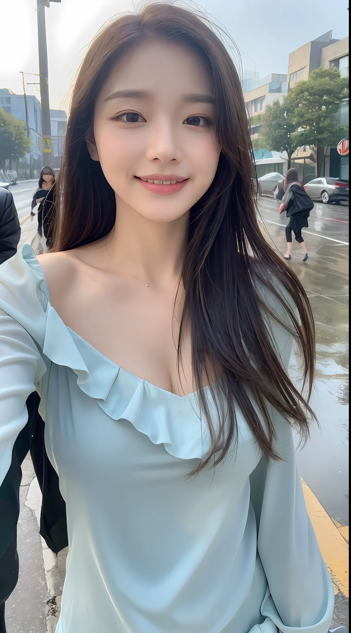 ((Best Quality, 8K, Masterpiece:1.3)), Focus: 1.2, Perfect Body Beauty: 1.4, Buttocks: 1.2, ((Layered Haircut, Breasts: 1.2)), (Wet Clothes: 1.1), (Rain, Street:1.3), Bandeau Dress: 1.1, Highly Detailed Face and Skin Texture, Fine Eyes, Double Eyelids, Whitening Skin, Long Hair, (Shut Up: 1.3), Smile