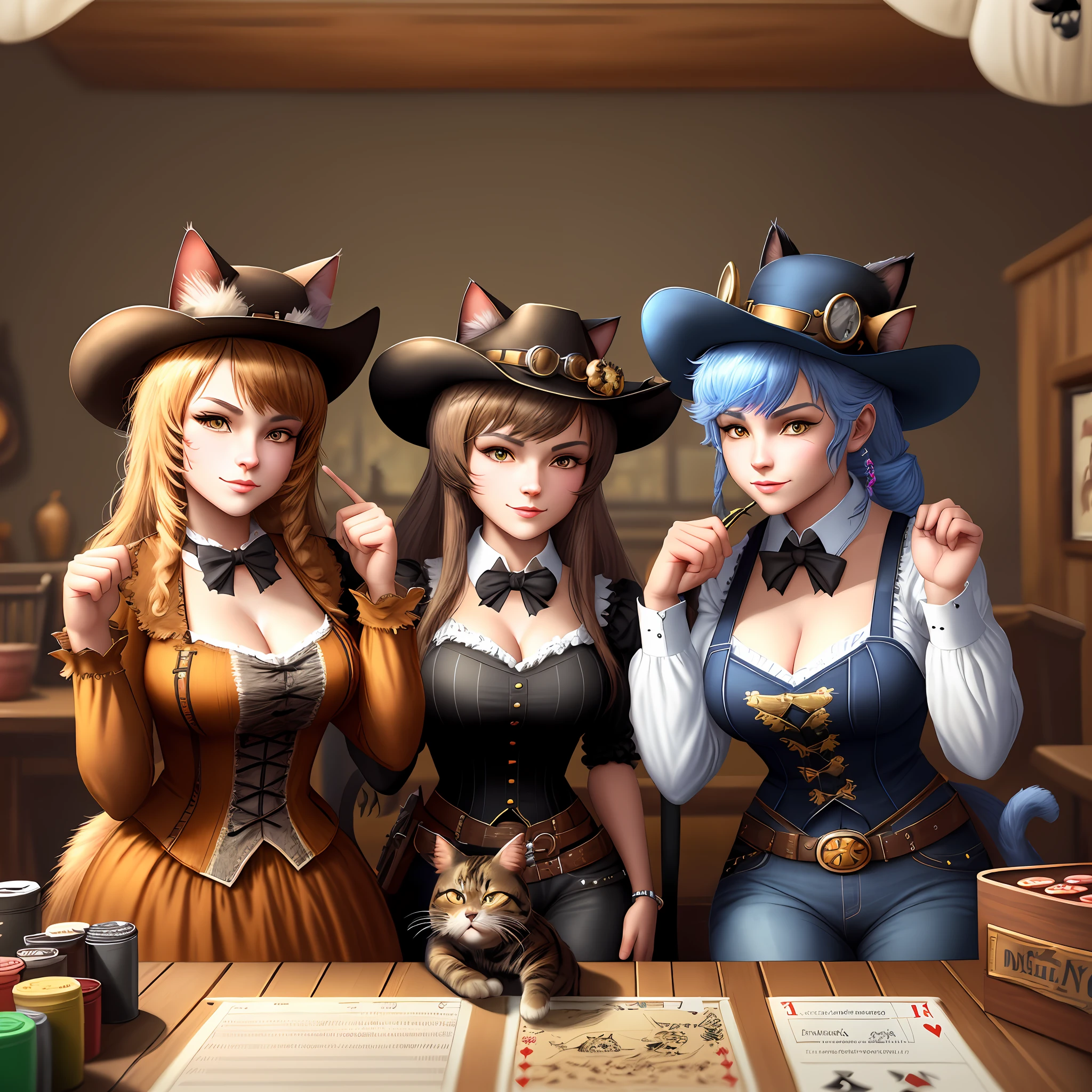 there are two cats dressed up as a cowboy and a cat dressed as a cowboy, concept art by Radi Nedelchev, pixiv, furry art, cowboy cats, illustration of 2 cats, steampunk cat, two cats, commission for high res, detailed fanart, cats, highly detailed characters, game illustration, cats playing poker, cats playing chess, detective clothes
