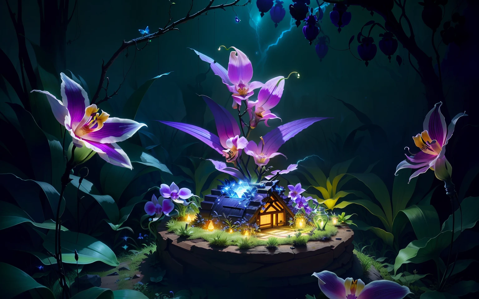 an exorcist style ant hill with beautiful orchids around and fireflies, it is surrounded by strange power,there are also some treasures around, with some magical visual effects, fantasy, ambiance hd, HDR, 4k upscalen v--4.