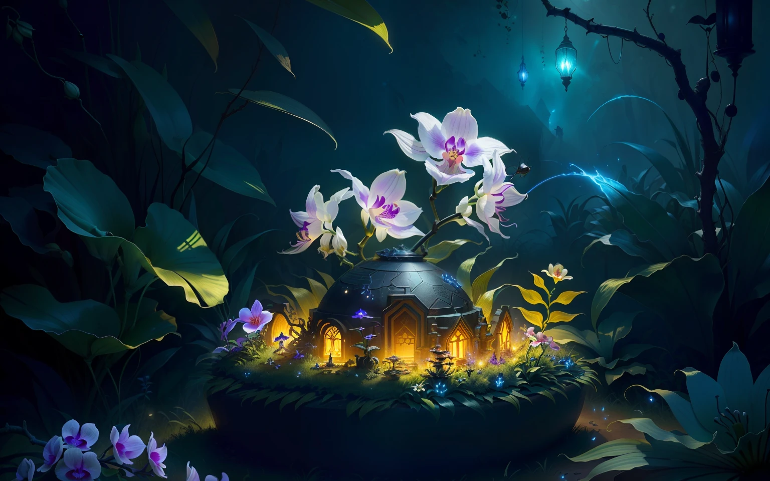 an exorcist style ant hill with beautiful orchids around and fireflies, it is surrounded by strange power,there are also some treasures around, with some magical  visual effects, fantasy, ambiance hd, HDR, 4k upscalen v--4.