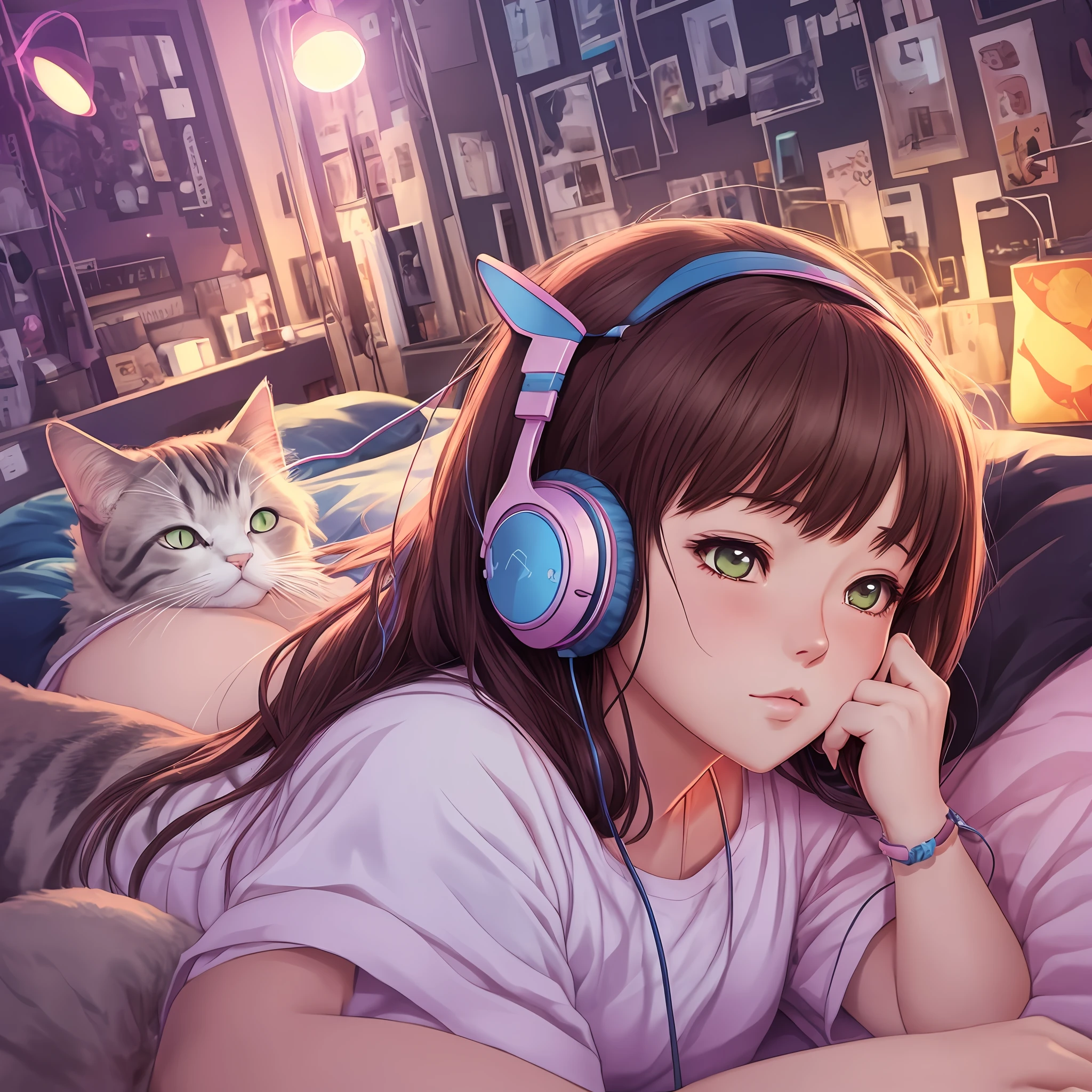 ONLY 1 anime girl lying in bed with headphones and cat lying in bed, lofi girl, lofi artstyle, lofi feel, lofi, lofi girl aesthetic, lofi vibe, lofi aesthetic, lofi vibes, lofi colors, lofi portrait, lofi hip hop