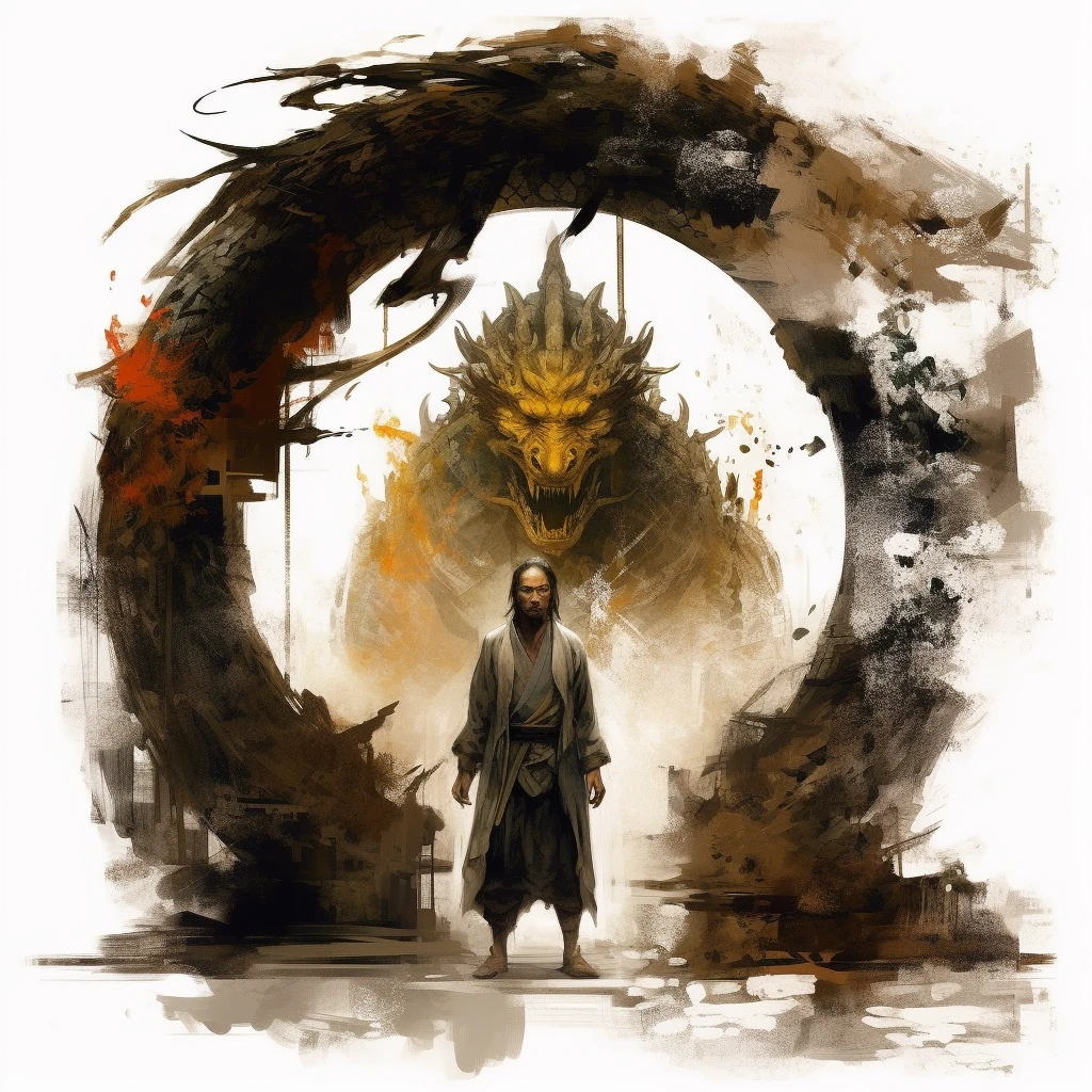 Chinese door-god,a painting of an assassin and one of the enemies, in the style of russ mills, sui dynasty, mythical Chinese dragon, gold and dark gray , hiroshi yoshida, poster art, contrast of scale,
