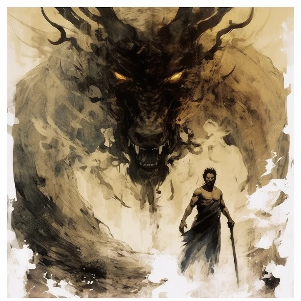 Chinese door-god,a painting of an assassin and one of the enemies, in the style of russ mills, sui dynasty, mythical Chinese dragon, gold and dark gray , hiroshi yoshida, poster art, contrast of scale,