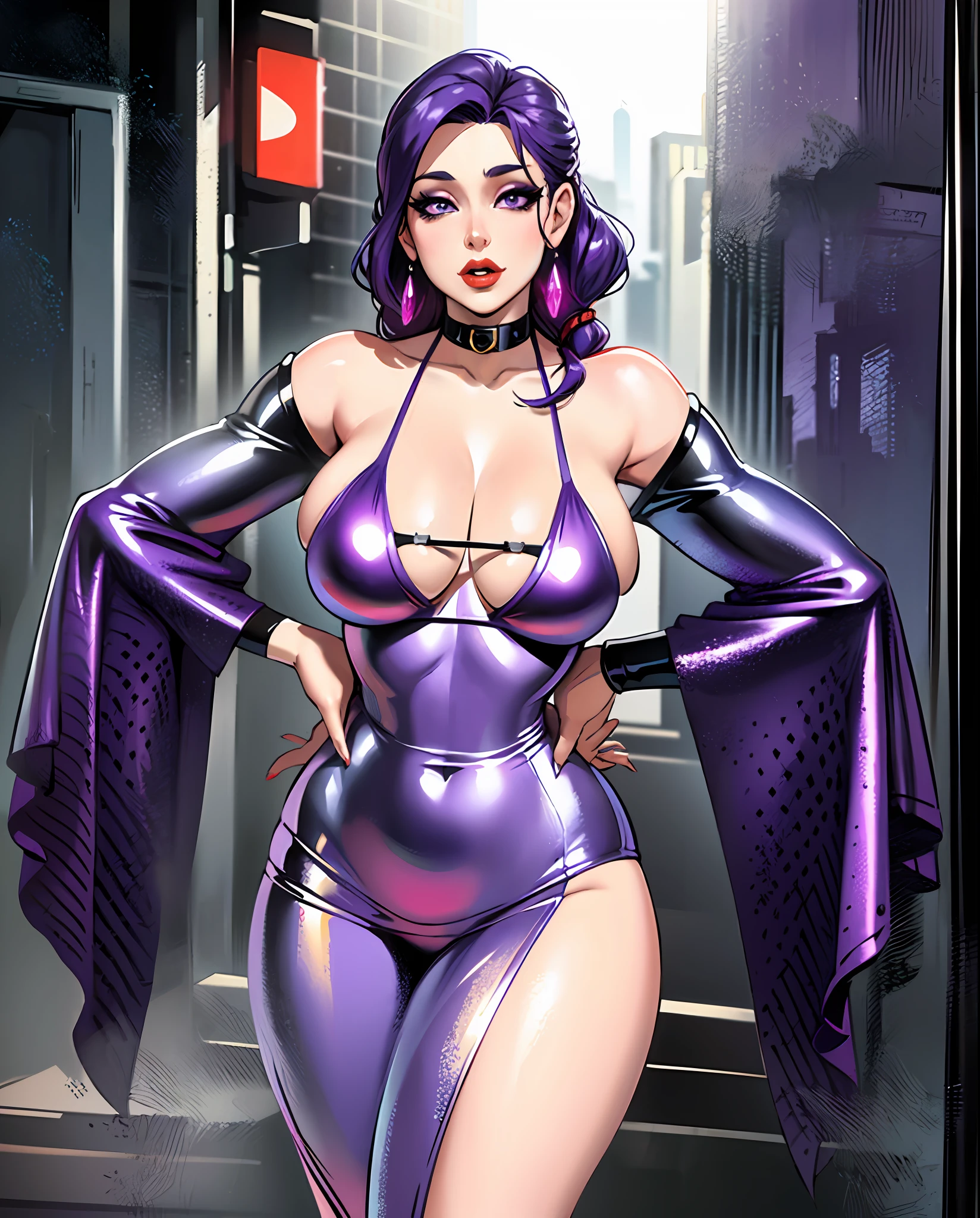 (night, Realistic Light, Best Quality, 8K, Masterpiece: 1.3)), Standing, Standing 1girl, perfect body curvy Beauty: 1.4, (Purple Hair, Big Breasts: 1.3), (cleavage: 1.2), purple bikini, sexy pose, Super Fine Face, Detailed Eyes, stylish hair, detailed hair, dark purple eyes, detailed eyes, red lipstick, pretty lips, anime style, highly detailed