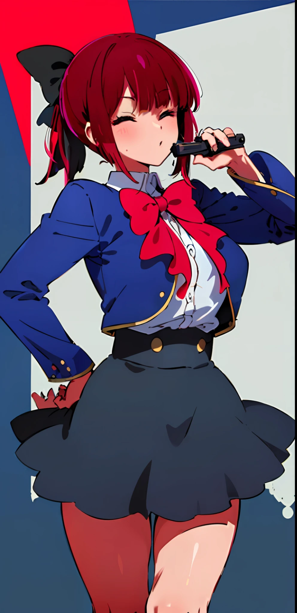 (masterpiece, best quality:1.1), (gun to head, holding gun, handgun:1.3), 1girl, mature,, (eyes closed:1.2), persona 3, school uniform, red eyes, solo, red hair, hair over one eye, gekkoukan high school uniform, large breasts, ribbon, bow, armband, (dark blue background:1.2)