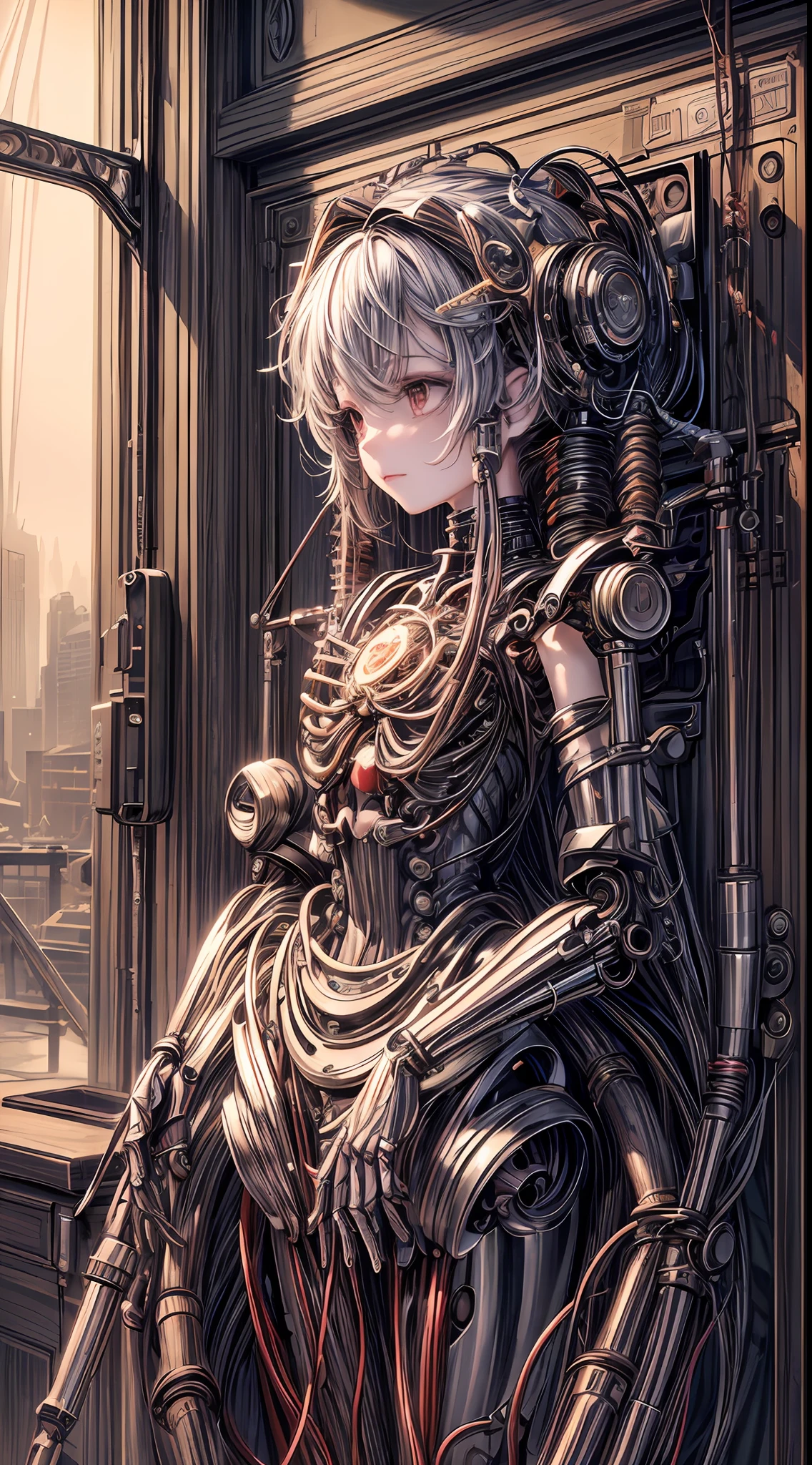 (((masterpiece))), ((best quality)), ((ultra-detailed)), (CG illustration), (an extremely devious and beautiful)), (cute desktop face), cinematic light, ((1 mechanical girl)), single, full, (machine-made joints). : 1.4), ((mechanical limbs)), (blood vessels attached to tubes), ((mechanical spine attached to the back)), ((mechanical cervical vertebrae attached to the neck), ((clockwork core)), expressionless, (wires and cables attached to the head and body: 1.5), (character focus), science fiction, ruins
