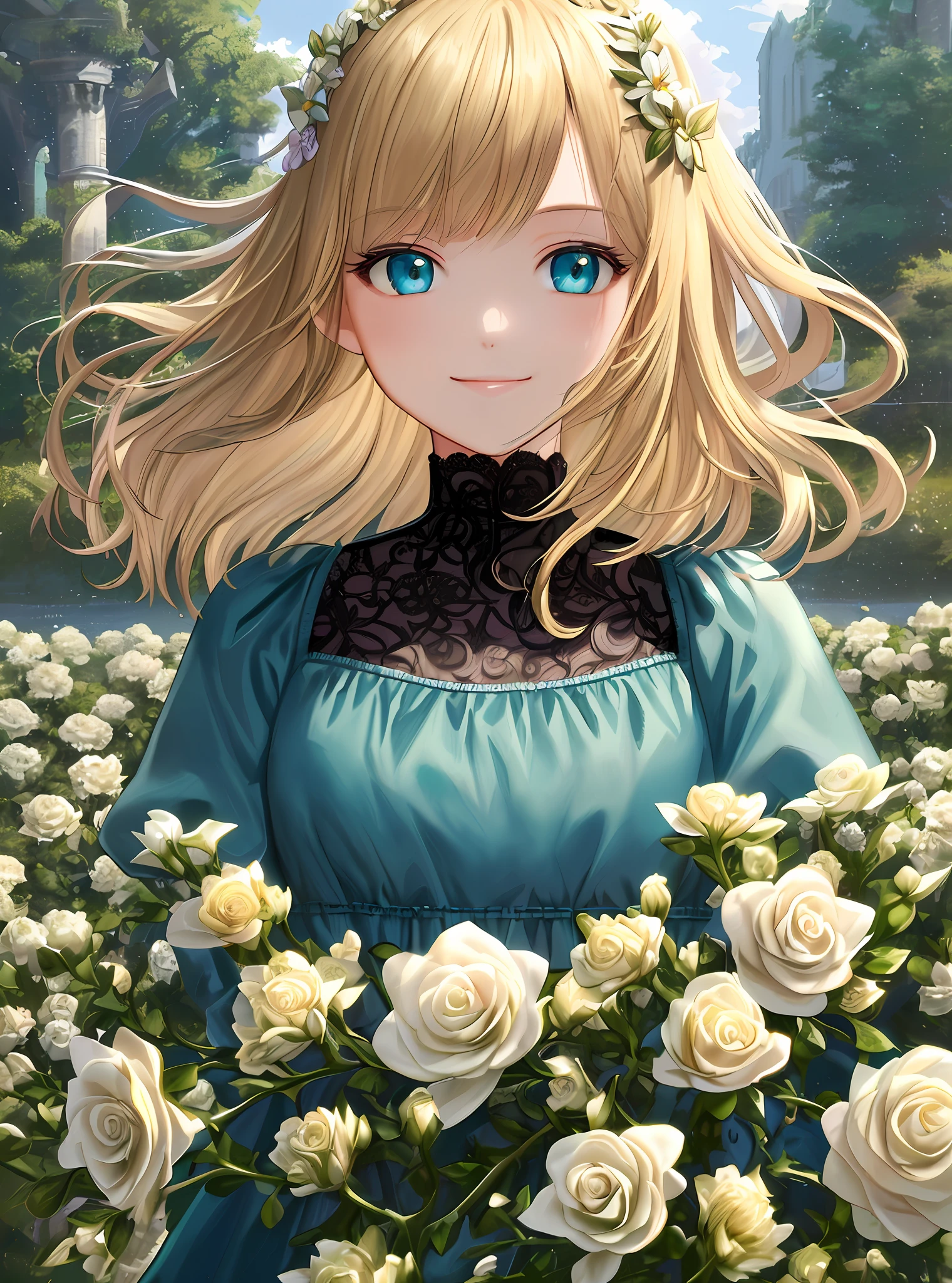 masterpiece, (best quality:1.4), detailed, girl, (solo), (blonde hair:1.2), (medium hair:1.3), (sidelocks:1.1), (bangs:1.1), hair ornament, (aqua eyes:1.2), (smile:1.2), flower on head, upper body, (dress:1.0), (laced dress:1.2), (looking at viewer:1.2), lace, detailed eyes, detailed hair, highres, outdoor, (flowers:1.1), sky, (lighting:1.2), high details