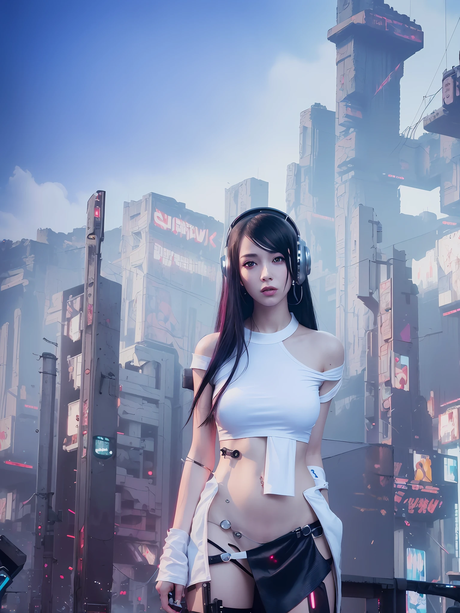 best quality, super high resolution, (realistic:1.4), (masterpiece, best quality), 1 girl, only 1 person, ruins, (cyberpunk:1.4), silver hair, red eyes, breasts, V logo, white shirt, black pleated skirt, red jacket, knee socks, (prosthetics: 1.4), standing, movie view, exaggerated perspective,