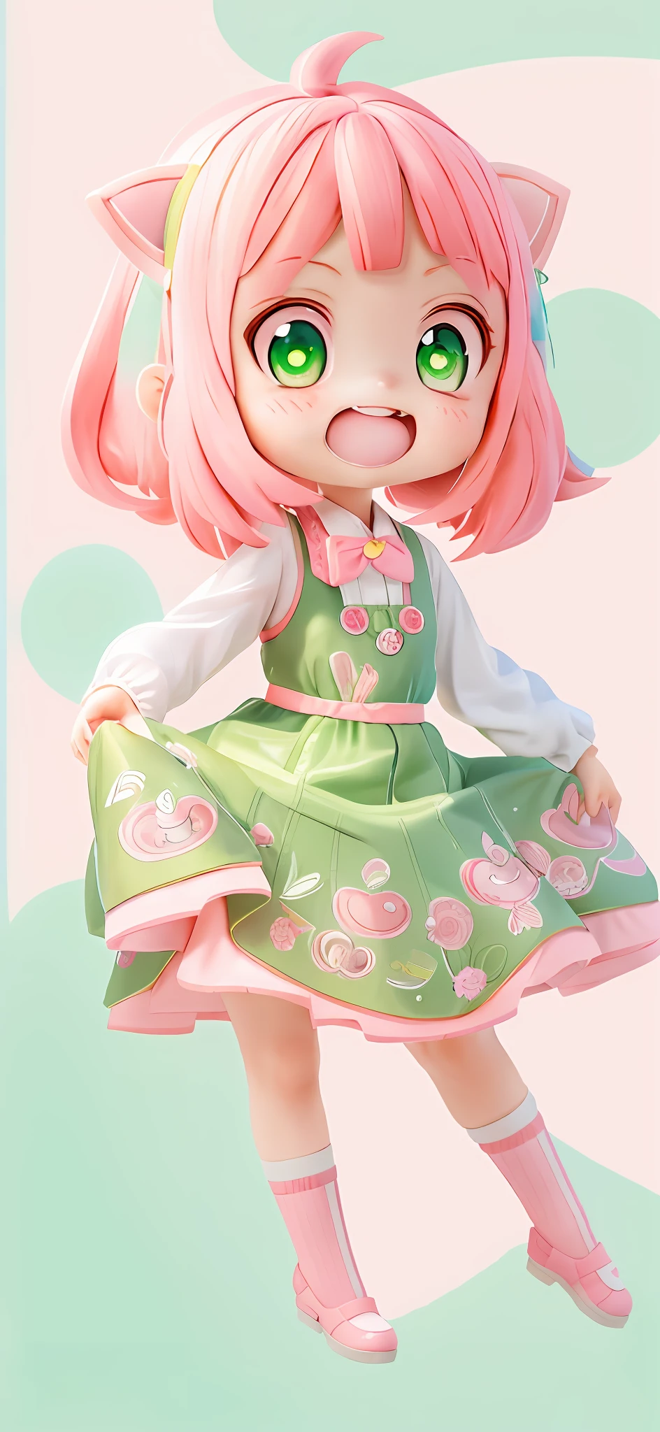 anime character of a girl with pink hair and green eyes, loli in dress, small curvy loli, anime visual of a cute girl, she has a cute expressive face, small loli girl, anime moe artstyle, she has a cute face, cute anime catgirl, full body portrait of a short!, cute character, cute anime style, cute kawaii girl
