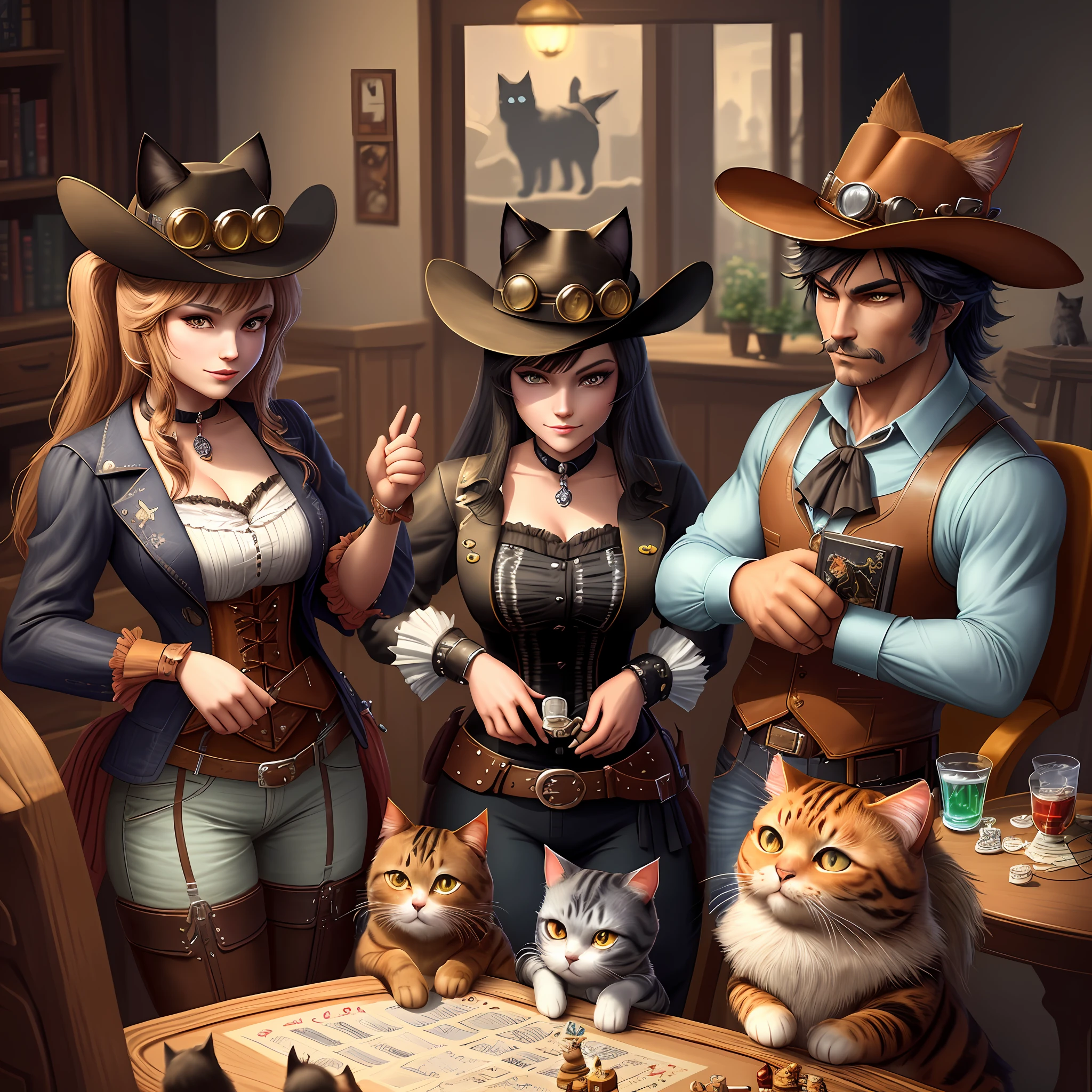 there are two cats dressed up as a cowboy and a cat dressed as a cowboy, concept art by Radi Nedelchev, pixiv, furry art, cowboy cats, illustration of 2 cats, steampunk cat, two cats, commission for high res, detailed fanart, cats, highly detailed characters, game illustration, cats playing poker, cats playing chess, detective clothes