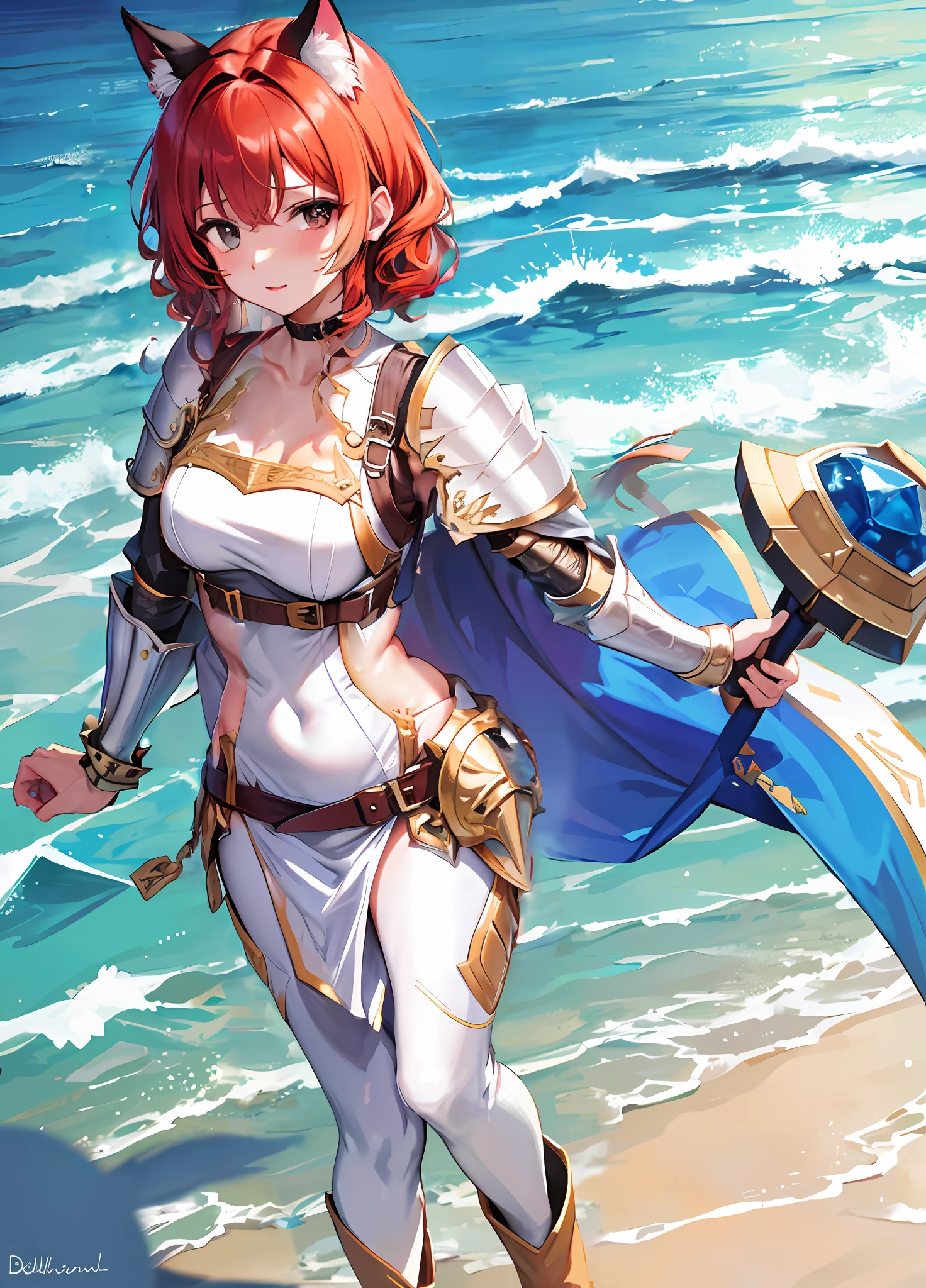 He holds a white and gold shield in his hand