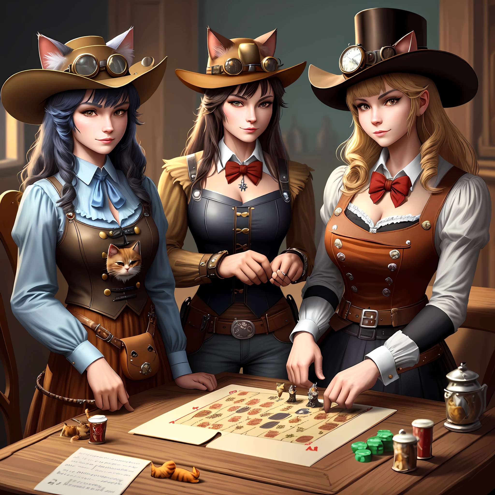 there are two cats dressed up as a cowboy and a cat dressed as a cowboy, concept art by Radi Nedelchev, pixiv, furry art, cowboy cats, illustration of 2 cats, steampunk cat, two cats, commission for high res, detailed fanart, cats, highly detailed characters, game illustration, cats playing poker, cats playing chess, detective clothes