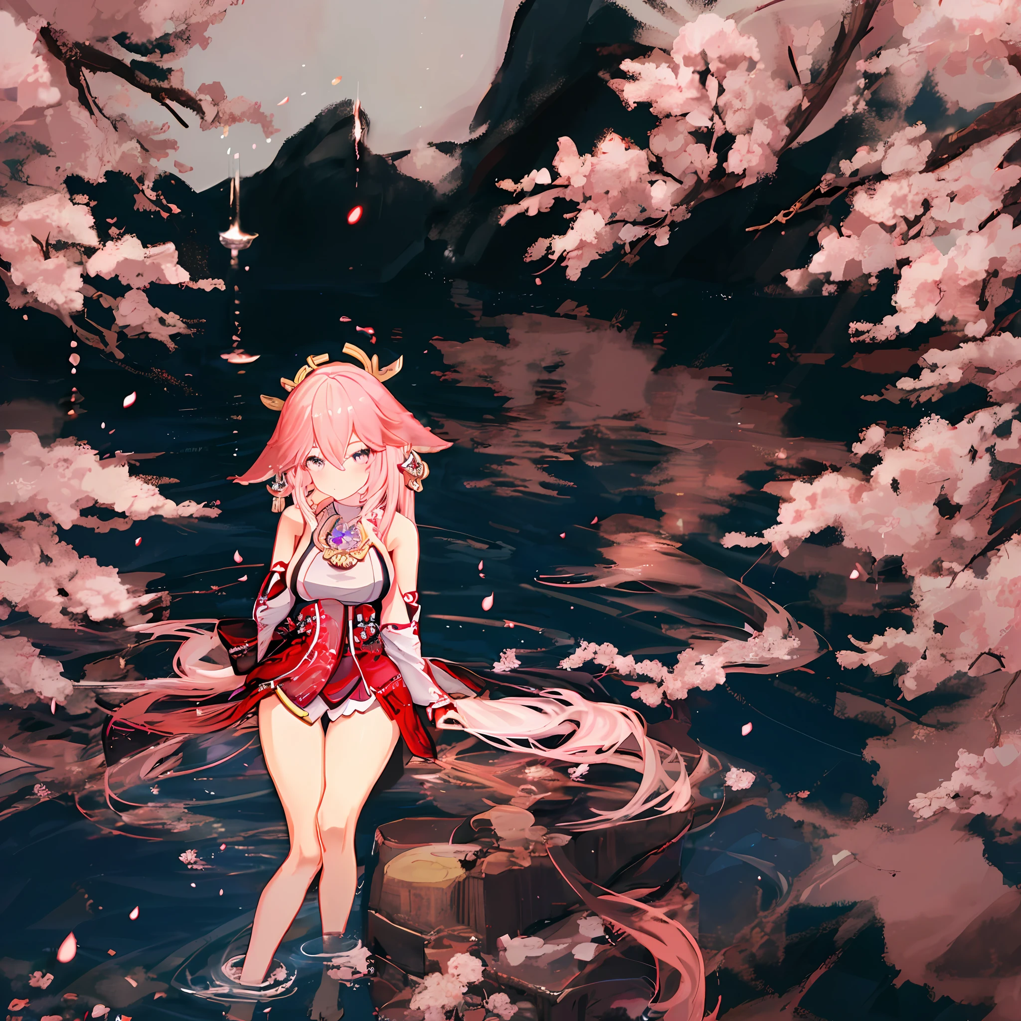 High quality, 4k, rich details, Japanese style painting, 1girl dominance, kimono bare-shouldered beauty, perfect display of thighs and cleavage, Yae Miko style, shrine at night, hand bouquet liquor, fox eartail and collarbone, long hair shawl emanated, soft pink long hair, sexy side breasts and nine fox tails, lying still on the water, cherry blossoms falling, seductive smile, hey face
