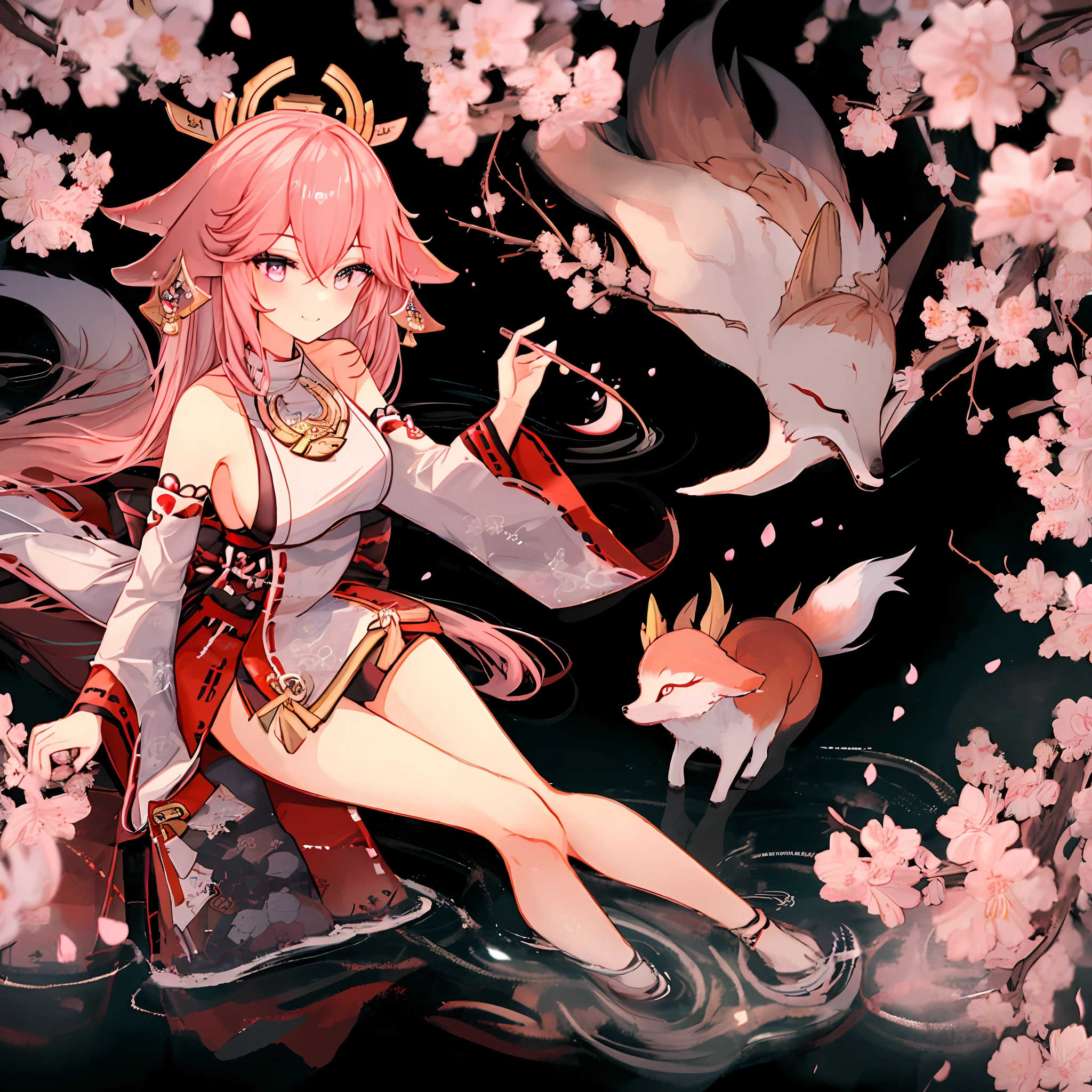 High quality, 4k, rich details, Japanese style painting, 1girl dominant, kimono bare-shouldered beauty, perfect display of thighs and cleavage, Yae Miko style, shrine at night, hand bouquet wine, fox eartail and collarbone, long hair shawl emanated, soft pink long hair, sexy side breasts and nine fox tails, lying still on the water, cherry blossoms falling, seductive smile, hey face, love pupils, half squint, light blush, saliva brushed