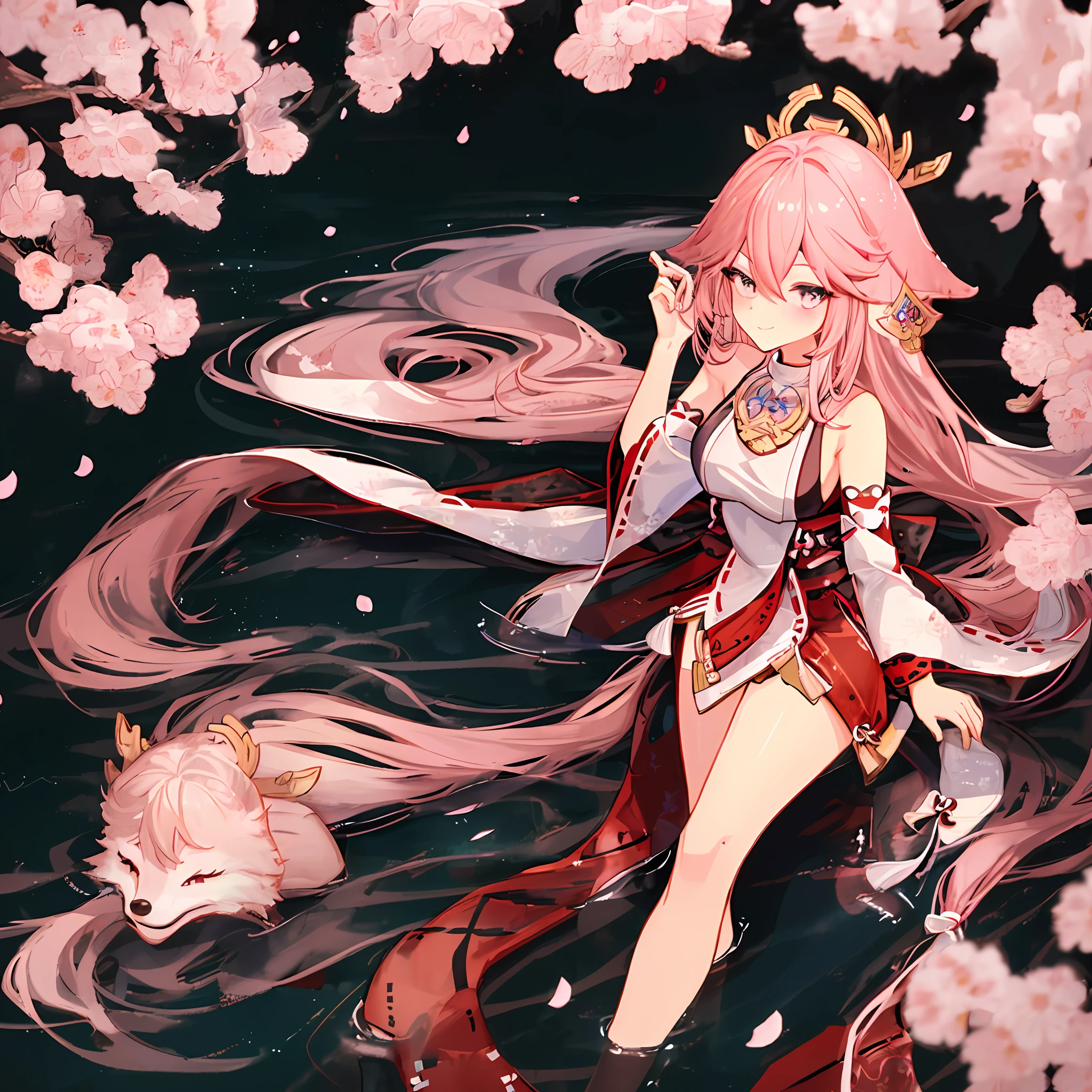 High quality, 4k, rich details, Japanese style painting, 1girl dominant, kimono bare-shouldered beauty, perfect display of thighs and cleavage, Yae Miko style, shrine at night, hand bouquet wine, fox eartail and collarbone, long hair shawl emanated, soft pink long hair, sexy side breasts and nine fox tails, lying still on the water, cherry blossoms falling, seductive smile, hey face, love pupils, half squint, light blush, saliva brushed