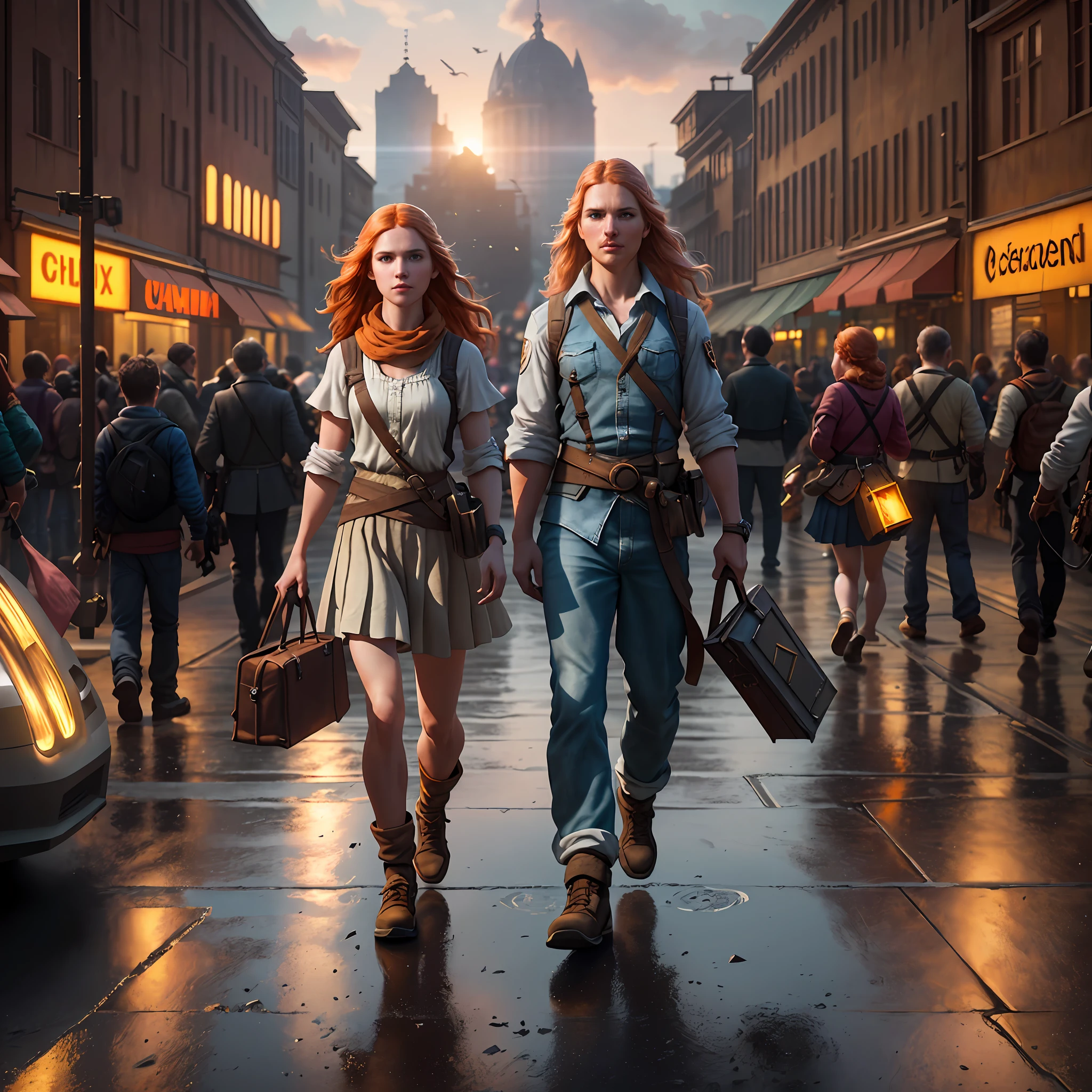 photo by Steve McCurry, warm positive professional photo, IPA awards winner, haselbland awards winner, Young charming ginger woman standing on the asphalt wind above the hair, detailed busy city, perfect, face, very warm pink-orange colors, octane render, global illumination, intricate details, insane details, 23mm lens, sharp focus, art by Nicolas Poussin, perfect weights, perfect shadows, perfect geometry, perfect lighting, perfect textures, perfect shapes, perfect detail, intensive details, perfect post processing, perfect weights, every part of picture is perfectly detailed and sharp, perfect composition, sharp detailed background, very detailed world, busy image, ultra professional CGI, global illumination, whole picture is detailed and focused, perfect perspective, perfect light reflections, RTX, perfect ambient occlusion, perfect vfx, lifelike, digital blending, luminosity masks, HDR post-processing, perfect objects positioning, professional VFX, ultra quality, 32k resolution, all objects perfect shape, all object as in real world, cinematic , spectacular, crowded , perfectly tunned, settings from Alchemy, photo by Steve McCurry