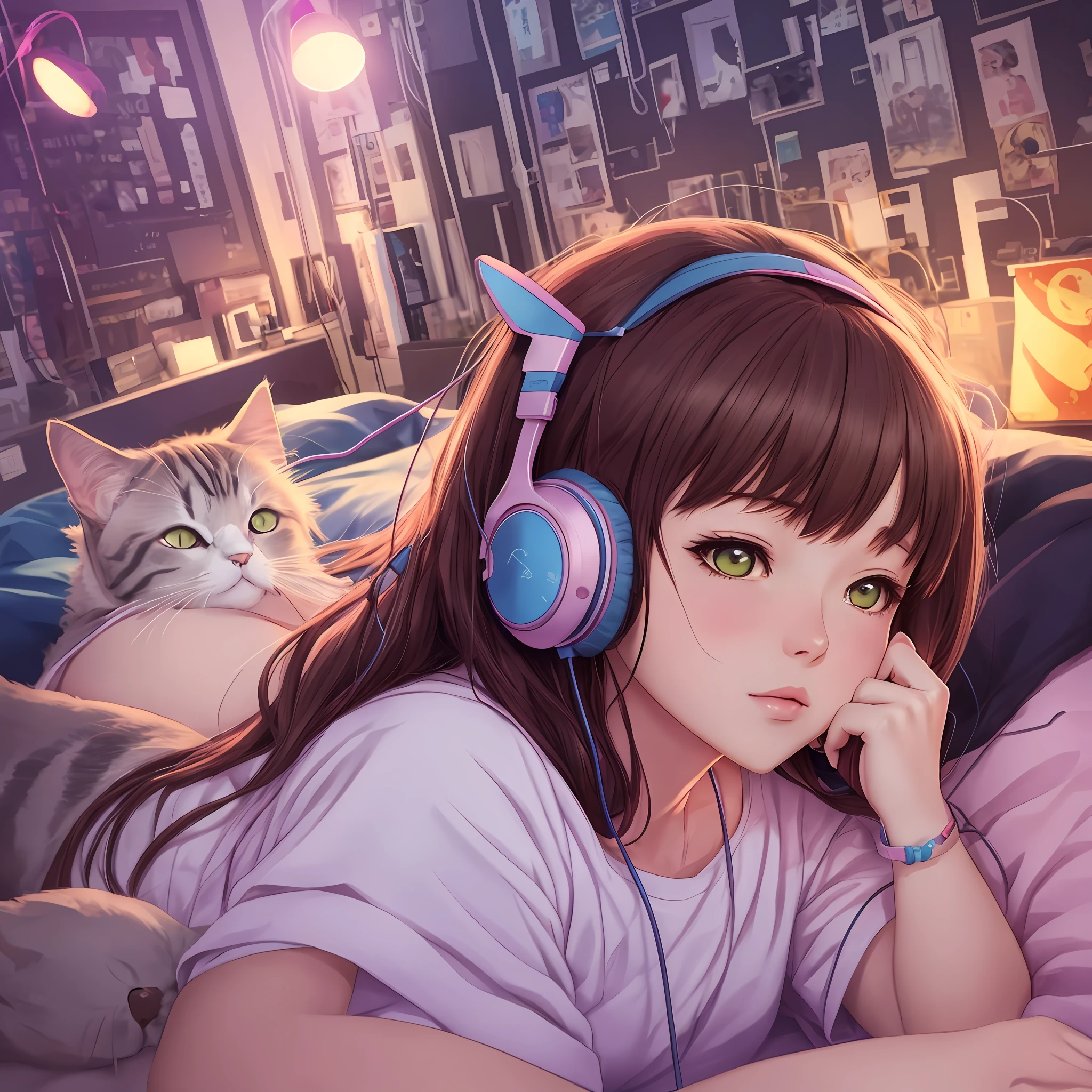 ONLY 1 anime girl lying in bed with headphones and cat lying in bed, lofi girl, lofi artstyle, lofi feel, lofi, lofi girl aesthetic, lofi vibe, lofi aesthetic, lofi vibes, lofi colors, lofi portrait, lofi hip hop