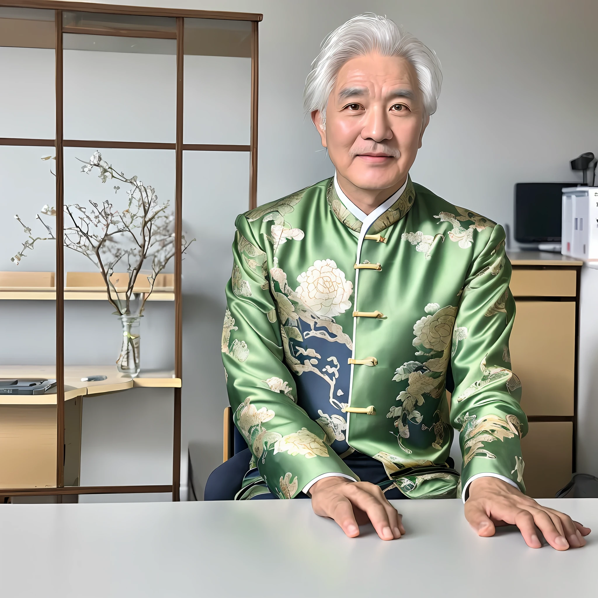 ((Realistic lighting, best quality, 8k, chinoiserie clothes, masterpiece: 1.3)), Focus: 1.2, (A Oldman, sitting behind a desk: 1.4), Aging, kindness, facial wrinkles, ((off-white hair)), (Indoors, Studio: 1.1), Ultra-fine facial close-up, wrinkled lips, fine eyes, (A box of medicine on the table: 1.1)