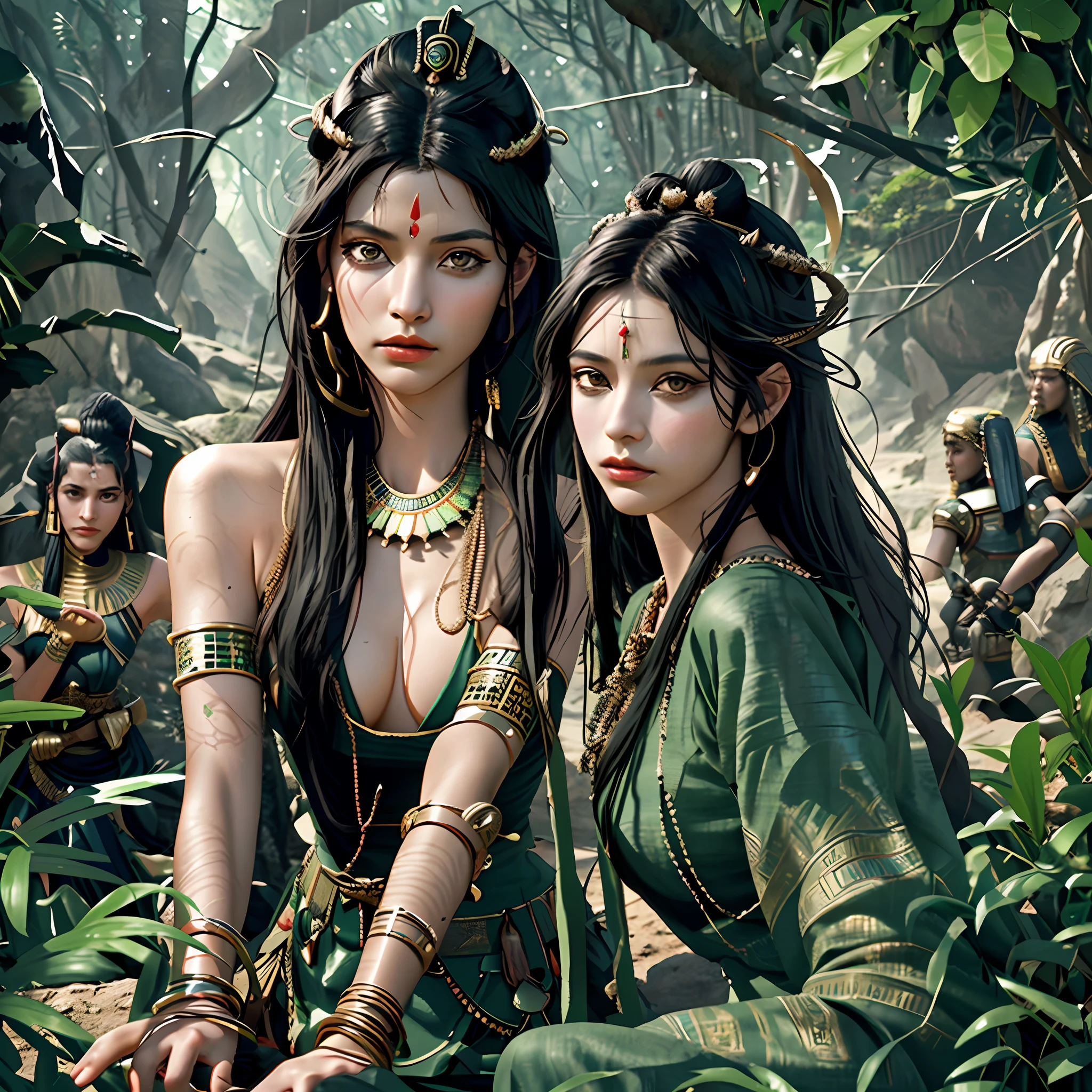 1 adult Egyptian female, green eyes, black hair, makeup, upper body, looking at the audience, detailed background, detailed face, Old EgyptAI, ancient Egyptian theme, savage jungle warrior, obsidian, ((defensive posture)), stone knife, bush, poisonous plant, rocks, humid climate, darkness, movie atmosphere, dark room, dim light, (zentangle, mandala, tangle, entangle:0.5) (35mmstyle :1.1), front, masterpiece, 1970s film,, cinematic lighting, (photorealistic :1.5), high-frequency detail, 35mm film, (film grain), film noise, front