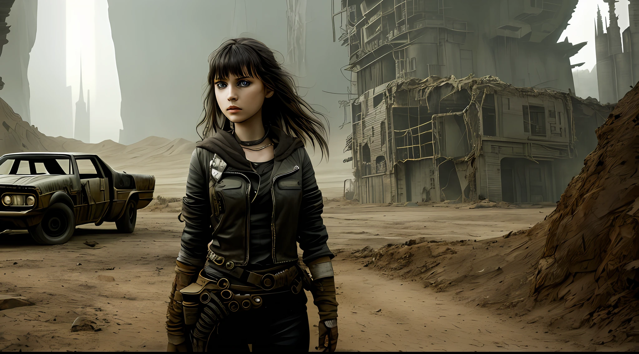 masterpiece, best quality, highest quality, cinematic lighting, (volumetric lighting), extremely detailed CG 8k wallpaper unit, focused, 8k wallpaper, 4k wallpaper, extremely detailed, ultra realistic, photorealistic, sharp focus, absurd, (HDR: 1.2), (high contrast), photography, detailed and intricate, instagram, close-up portrait, girl in a post-apocalyptic world inspired by the "Mad Max" series. The girl should be portrayed as tough and resourceful, with a strong will to survive in this hostile environment. She can be shown wearing sturdy, practical clothing and shown driving a modified vehicle. The backdrop should be a barren desert, with signs of a society that has collapsed, but the girl should be the main focus of the play. The overall mood of the play should be determined and resilient, with a sense of strength and determination, vibrant,
((by Luis Royo, by John Atkinson Grimshaw))