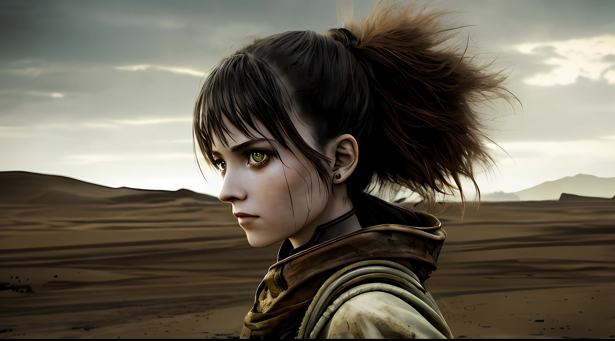 masterpiece, best quality, highest quality, cinematic lighting, (volumetric lighting), extremely detailed CG 8k wallpaper unit, focused, 8k wallpaper, 4k wallpaper, extremely detailed, ultra realistic, photorealistic, sharp focus, absurd, (HDR: 1.2), (high contrast), photography, detailed and intricate, instagram, close-up portrait, girl in a post-apocalyptic world inspired by the "Mad Max" series. The girl should be portrayed as tough and resourceful, with a strong will to survive in this hostile environment. She can be shown wearing sturdy, practical clothing and shown driving a modified vehicle. The backdrop should be a barren desert, with signs of a society that has collapsed, but the girl should be the main focus of the play. The overall mood of the play should be determined and resilient, with a sense of strength and determination, vibrant,
((by Luis Royo, by John Atkinson Grimshaw))